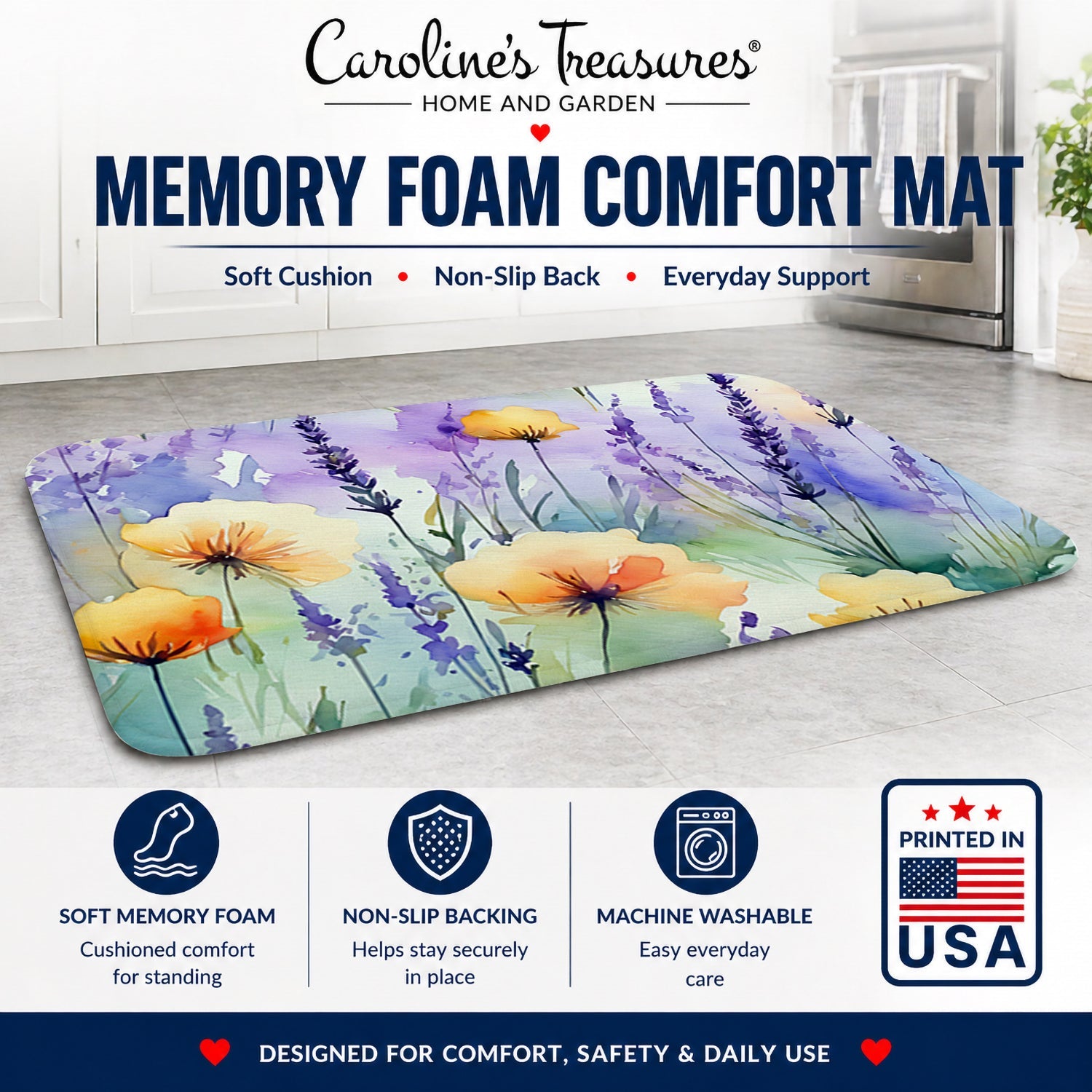 Lavender in Watercolor Memory Foam Kitchen Mat Machine Washable Anti-Fatigue Cushion Comfort Bath or Kitchen Rug