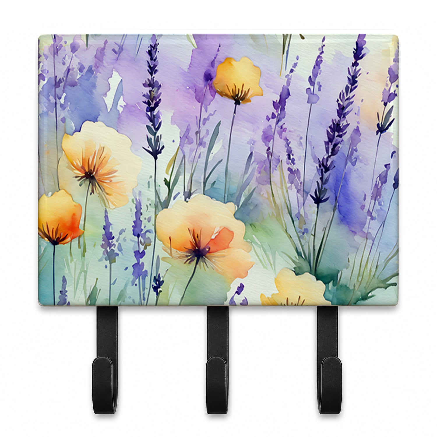 Lavender in Watercolor Leash or Key Holder Wall Hooks, Coat Rack Wall Mount, for Hanging Keys, Towels, Aprons, Leashes