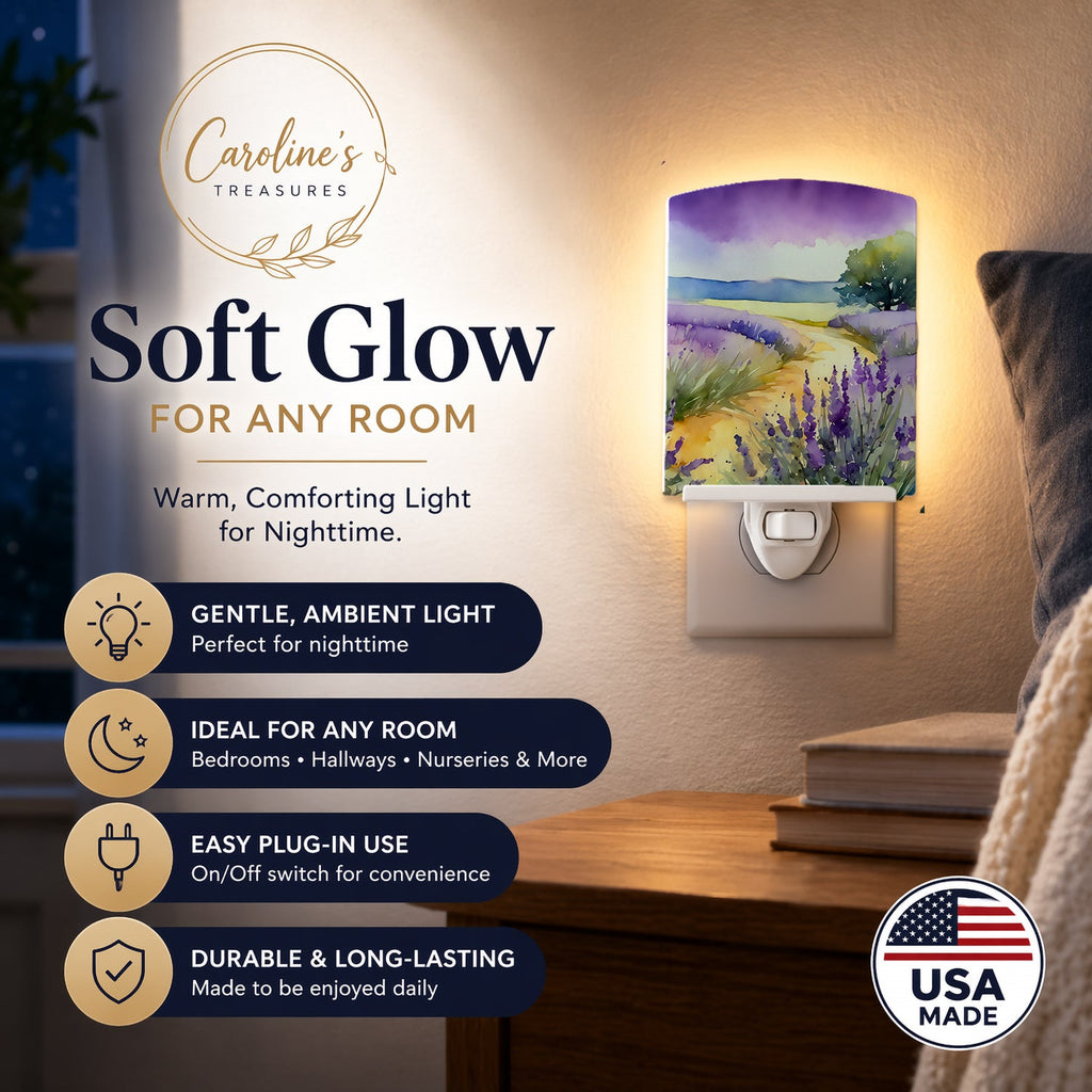 Lavender in Watercolor Ceramic Night Light Compact, UL-Certified, Ideal for Bedroom, Bathroom, Nursery, Hallway, Kitchen, 6x4x3, Multicolor