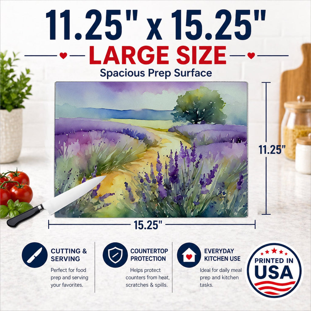 Lavender in Watercolor Cutting Board Tempered Glass Kitchen Cutting Surface, Heat Resistant Chopping, Non-Slip Feet, Food Prep & Serving