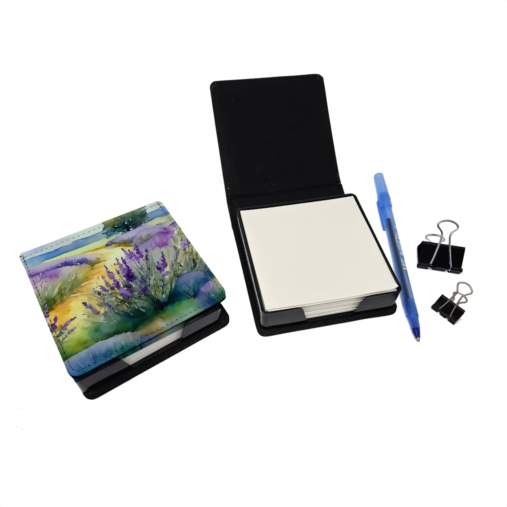 Lavender in Watercolor PU Leather Note Paper Holder with Artist-Designed Cover, Desk Accessory, Office Gift