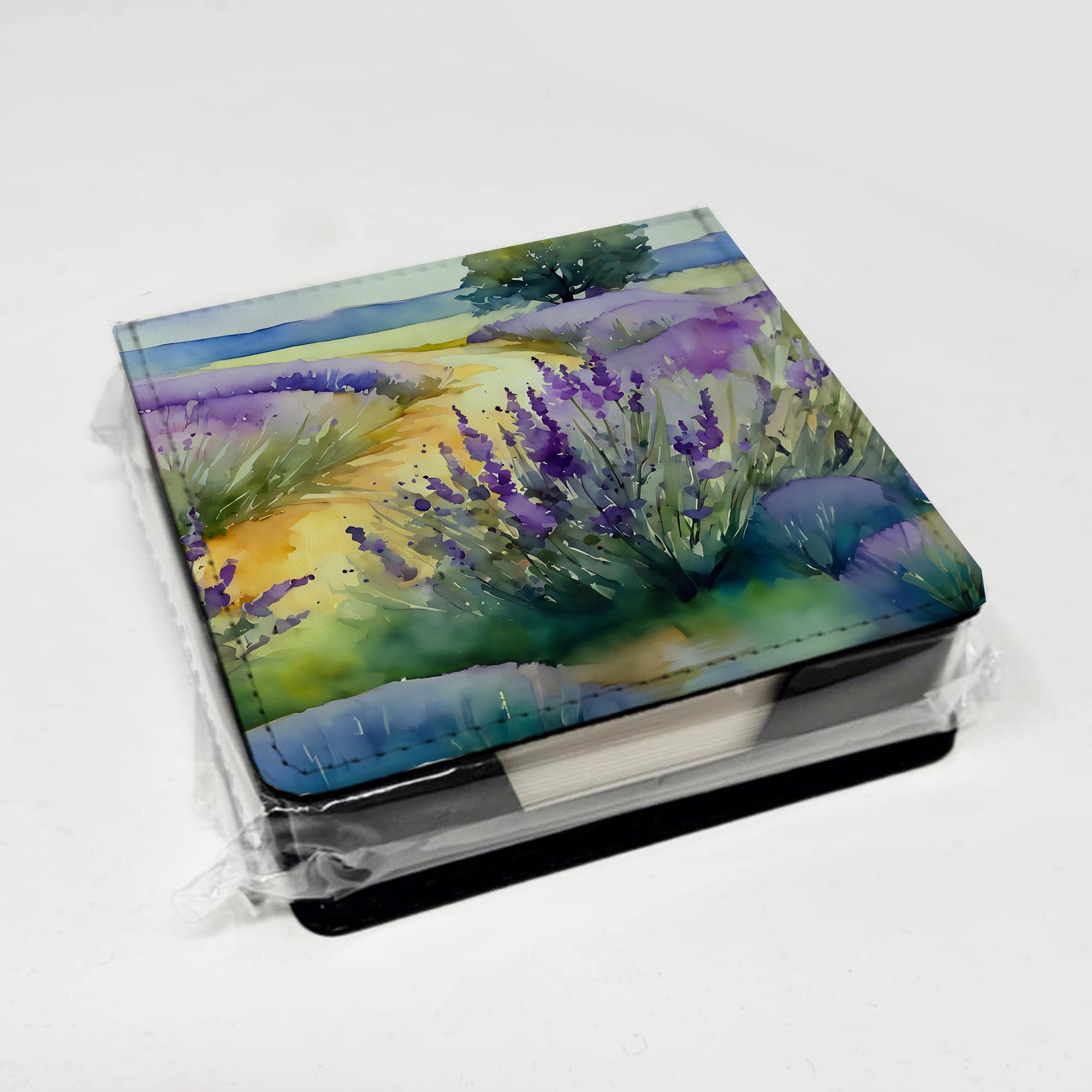 Lavender in Watercolor PU Leather Note Paper Holder with Artist-Designed Cover, Desk Accessory, Office Gift