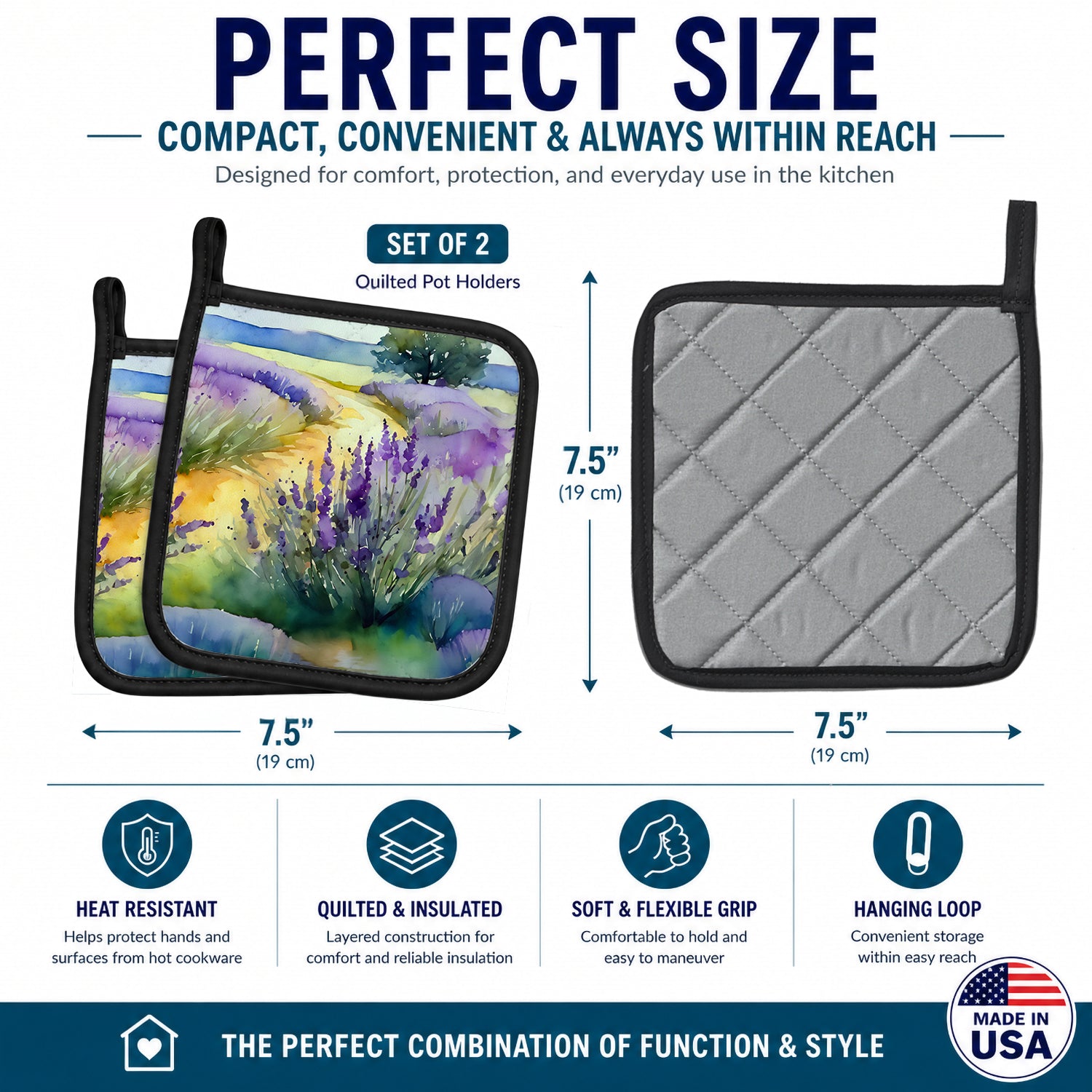 Lavender in Watercolor Pot Holder Set of 2 Heat Resistant Quilted Hot Pads 7.5 x 7.5 Inch, Insulated Kitchen Trivets for Cooking & Baking