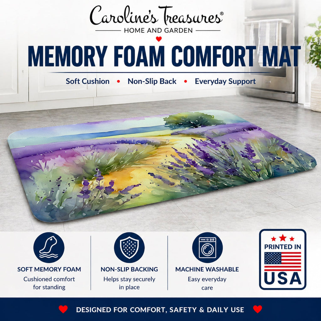 Lavender in Watercolor Memory Foam Kitchen Mat Machine Washable Anti-Fatigue Cushion Comfort Bath or Kitchen Rug