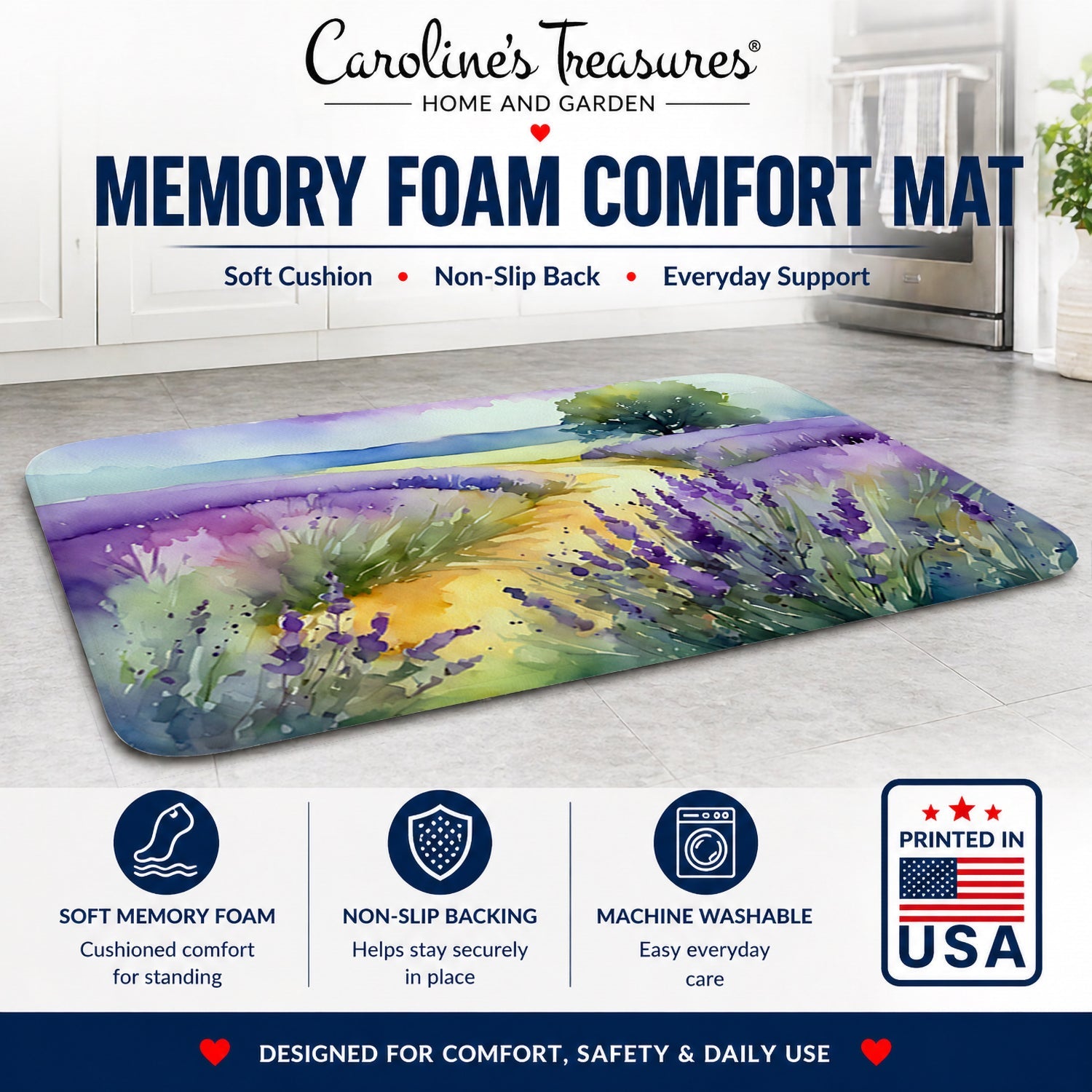Lavender in Watercolor Memory Foam Kitchen Mat Machine Washable Anti-Fatigue Cushion Comfort Bath or Kitchen Rug