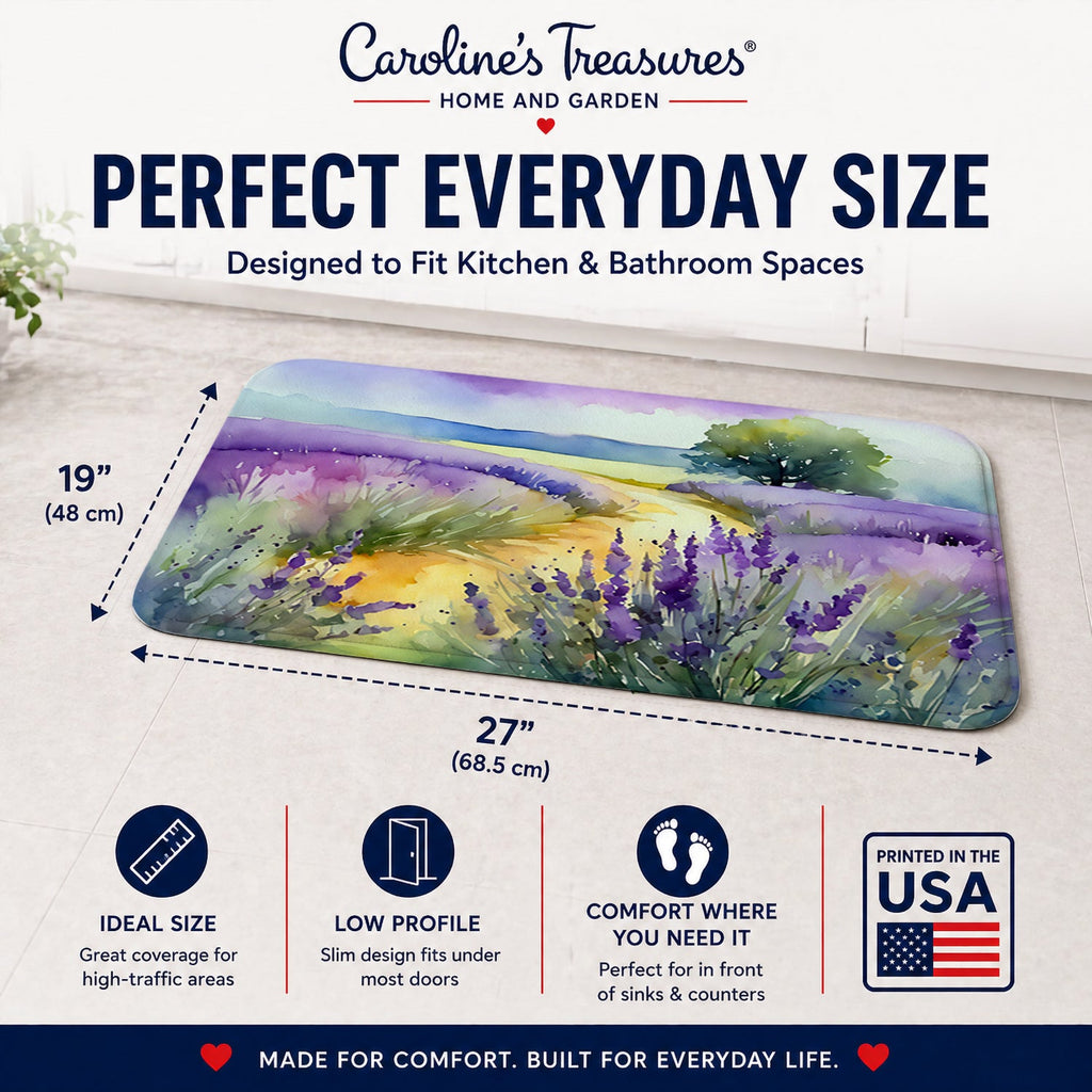 Lavender in Watercolor Memory Foam Kitchen Mat Machine Washable Anti-Fatigue Cushion Comfort Bath or Kitchen Rug