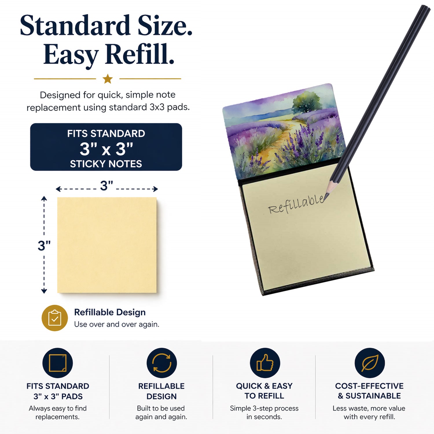 Lavender in Watercolor Watercolor Sticky Note Holder Refillable Dispenser Desk Accessory 3x3 Pad Gift