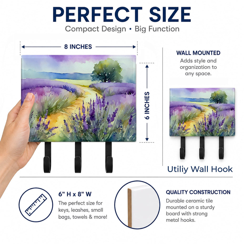 Lavender in Watercolor Leash or Key Holder Wall Hooks, Coat Rack Wall Mount, for Hanging Keys, Towels, Aprons, Leashes