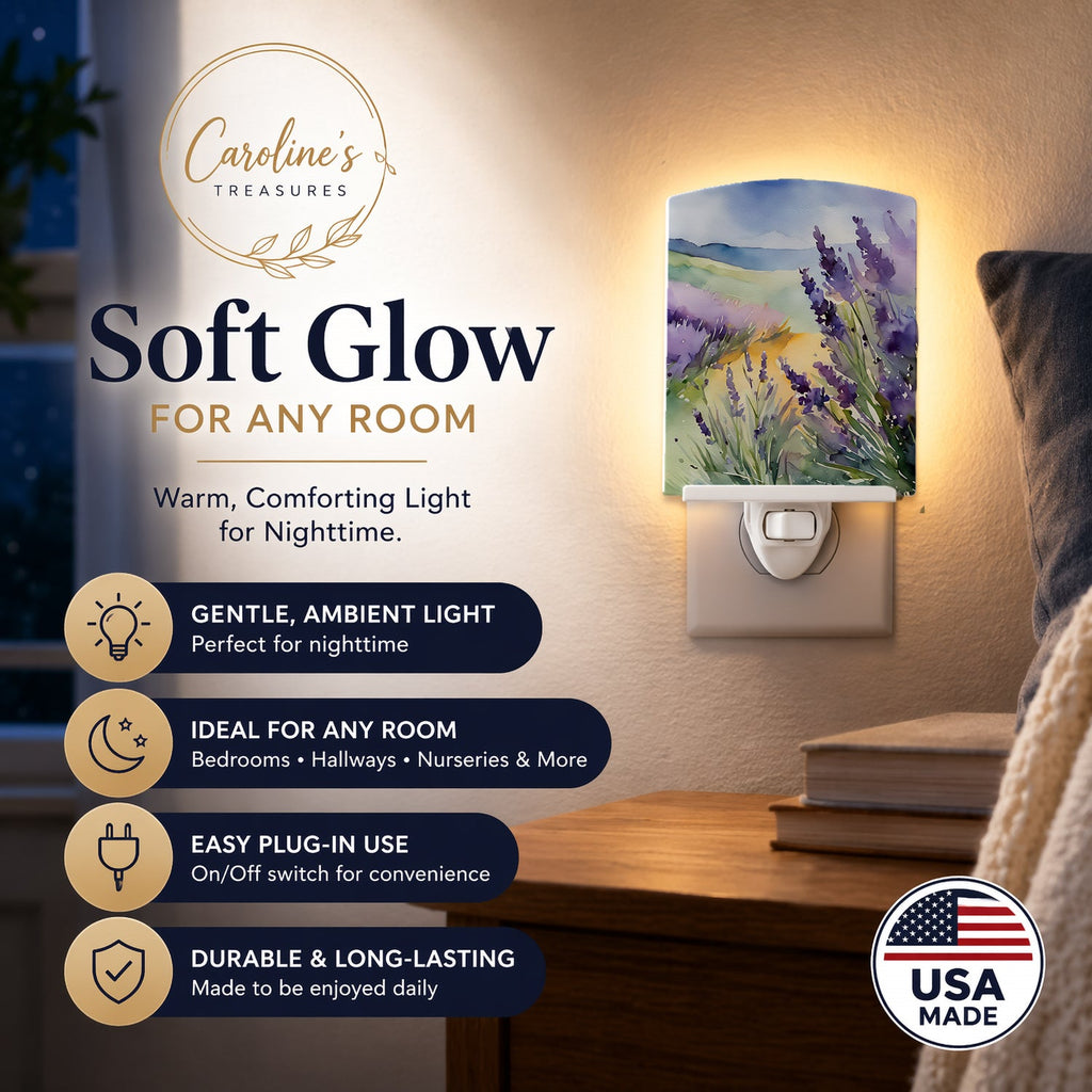 Lavender in Watercolor Ceramic Night Light Compact, UL-Certified, Ideal for Bedroom, Bathroom, Nursery, Hallway, Kitchen, 6x4x3, Multicolor