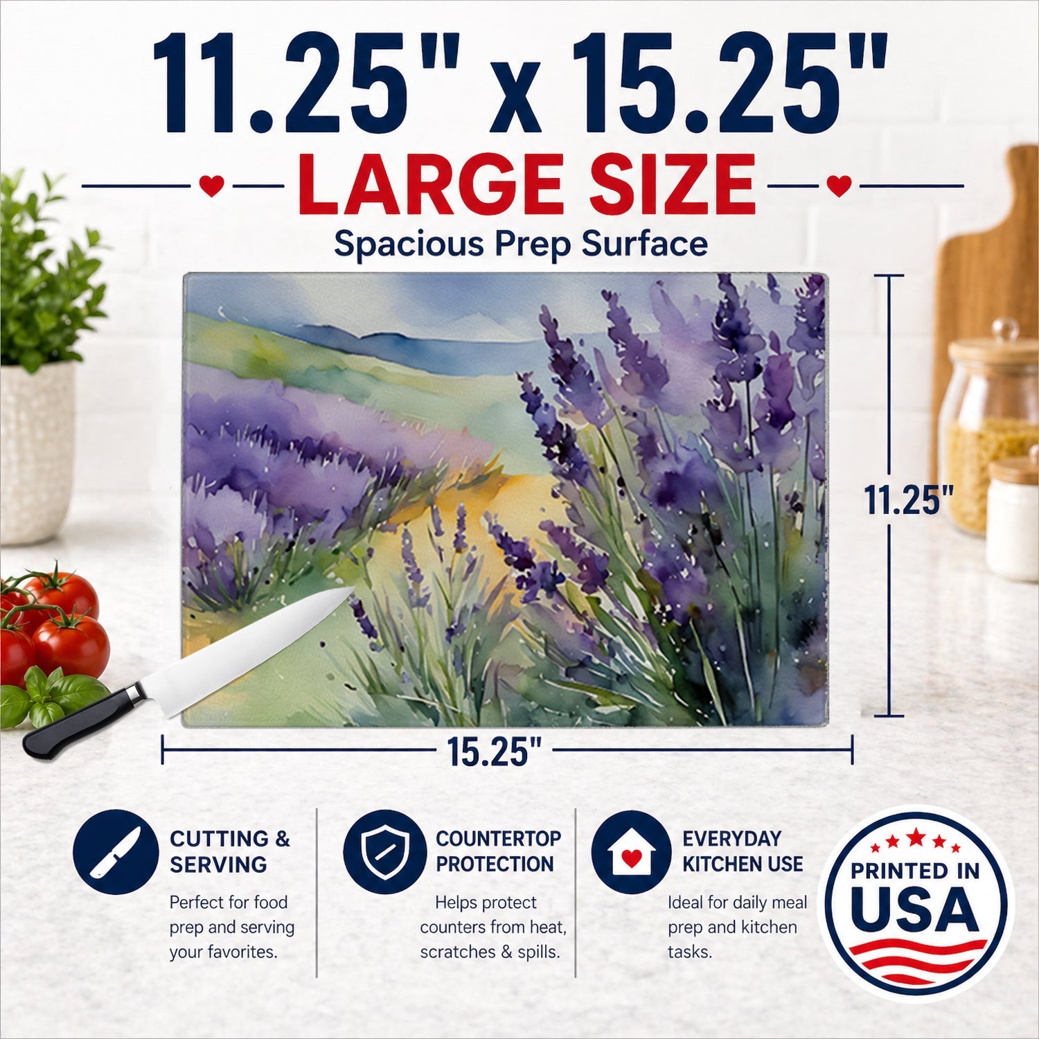 Lavender in Watercolor Cutting Board Tempered Glass Kitchen Cutting Surface, Heat Resistant Chopping, Non-Slip Feet, Food Prep & Serving