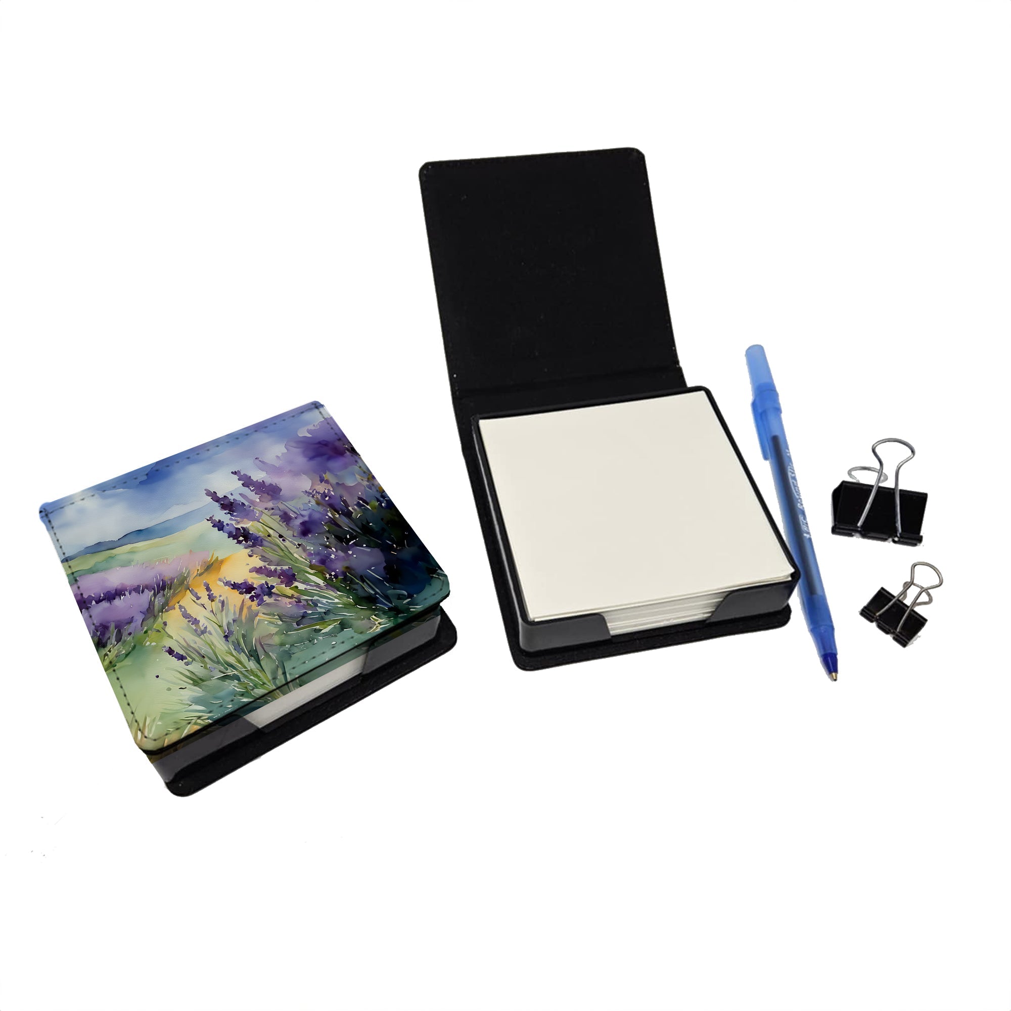 Lavender in Watercolor PU Leather Note Paper Holder with Artist-Designed Cover, Desk Accessory, Office Gift