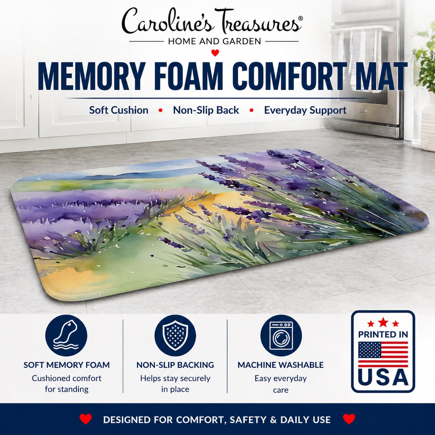 Lavender in Watercolor Memory Foam Kitchen Mat Machine Washable Anti-Fatigue Cushion Comfort Bath or Kitchen Rug