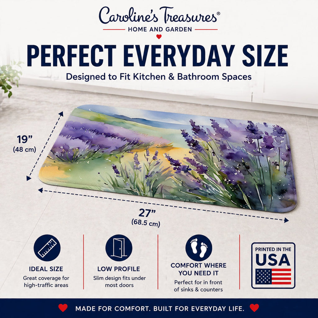 Lavender in Watercolor Memory Foam Kitchen Mat Machine Washable Anti-Fatigue Cushion Comfort Bath or Kitchen Rug