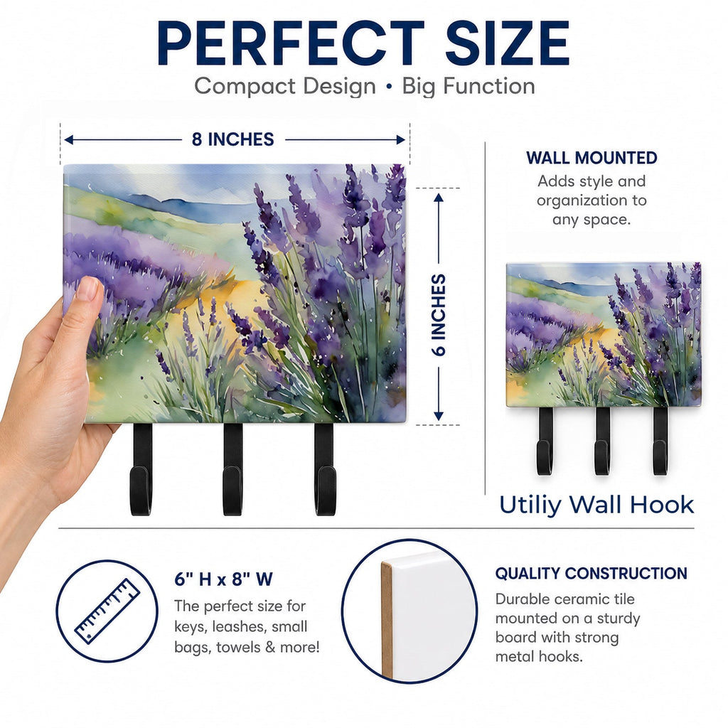 Lavender in Watercolor Leash or Key Holder Wall Hooks, Coat Rack Wall Mount, for Hanging Keys, Towels, Aprons, Leashes