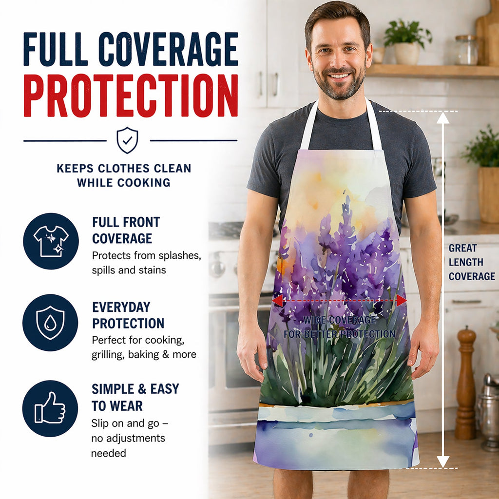 Lavender in Watercolor Apron Cooking Kitchen Server Baking Crafts Gardening for Adult Women Men, Unisex, Large, Multicolor