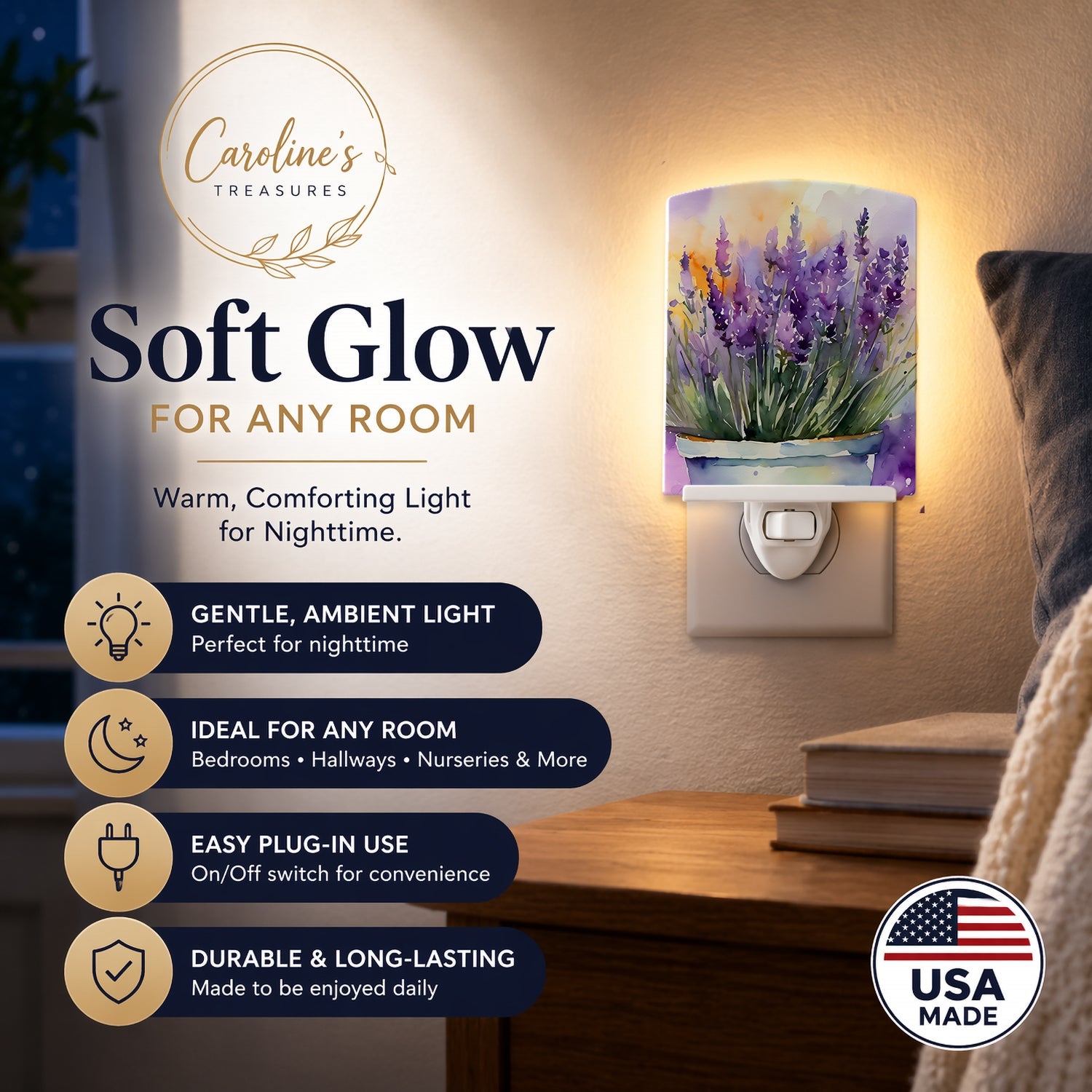 Lavender in Watercolor Ceramic Night Light Compact, UL-Certified, Ideal for Bedroom, Bathroom, Nursery, Hallway, Kitchen, 6x4x3, Multicolor