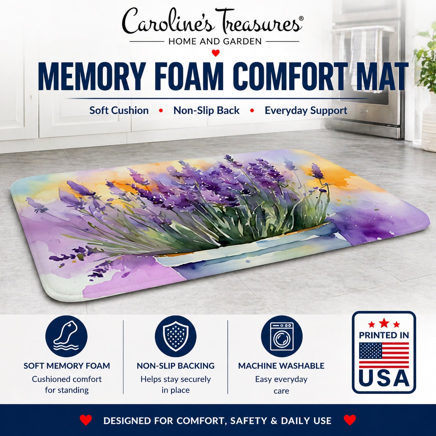 Lavender in Watercolor Memory Foam Kitchen Mat Machine Washable Anti-Fatigue Cushion Comfort Bath or Kitchen Rug