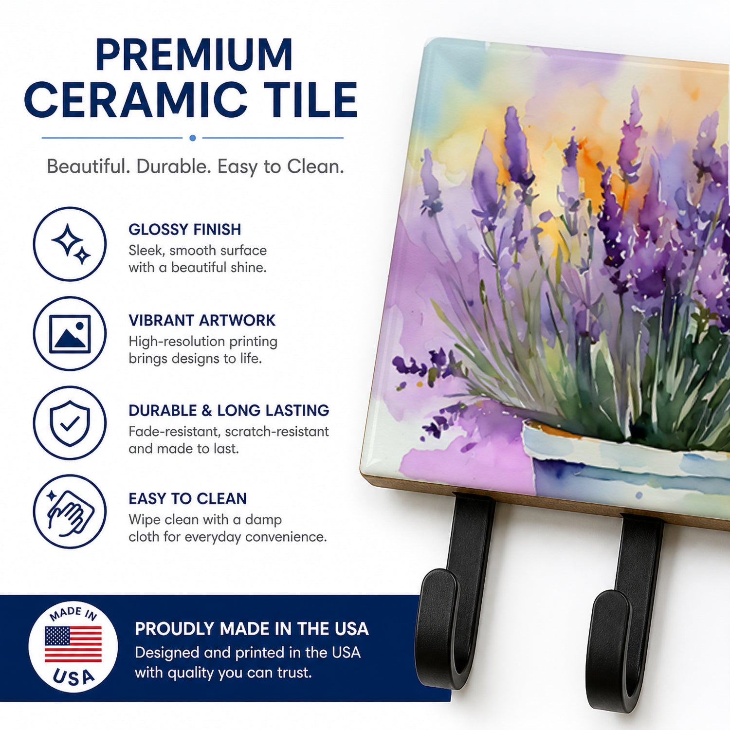 Lavender in Watercolor Leash or Key Holder Wall Hooks, Coat Rack Wall Mount, for Hanging Keys, Towels, Aprons, Leashes