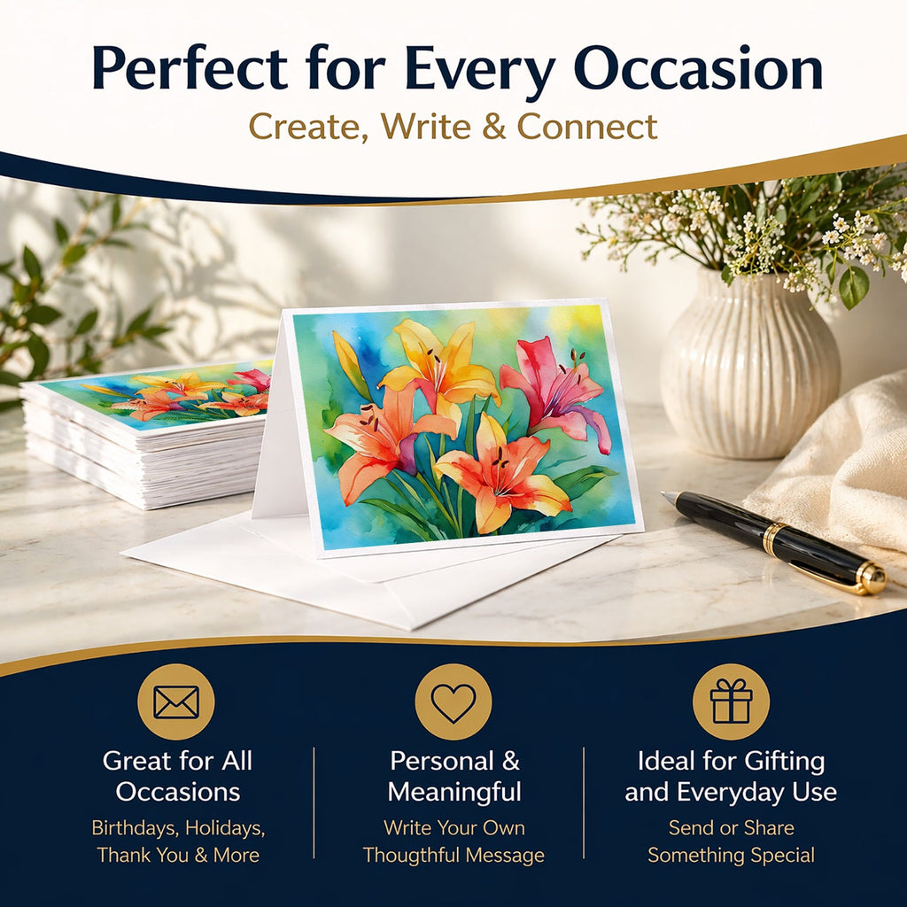 Lilies in Watercolor Greeting Cards Pack of 8 Blank Cards with Envelopes Whimsical A7 Size 5x7