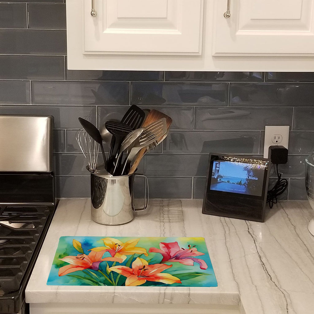 Lilies in Watercolor Cutting Board Tempered Glass Kitchen Cutting Surface, Heat Resistant Chopping, Non-Slip Feet, Food Prep & Serving