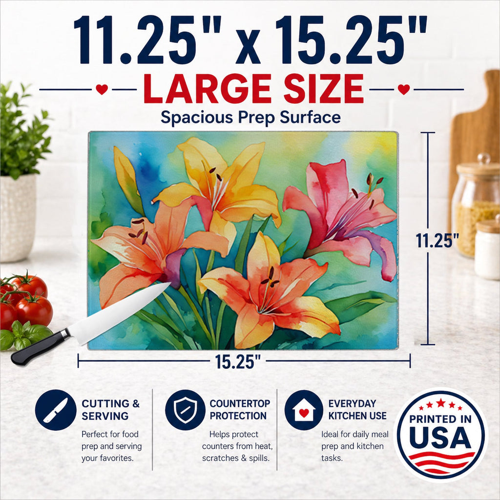 Lilies in Watercolor Cutting Board Tempered Glass Kitchen Cutting Surface, Heat Resistant Chopping, Non-Slip Feet, Food Prep & Serving