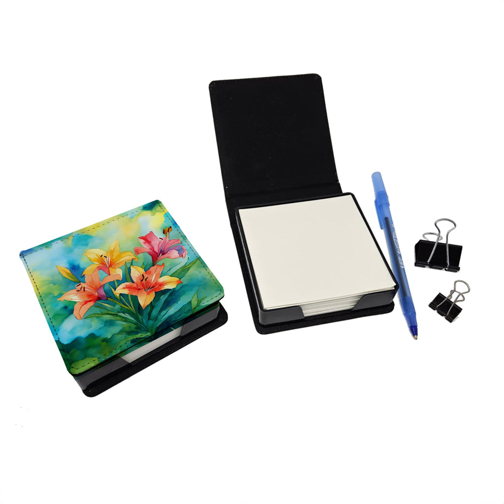 Lilies in Watercolor PU Leather Note Paper Holder with Artist-Designed Cover, Desk Accessory, Office Gift
