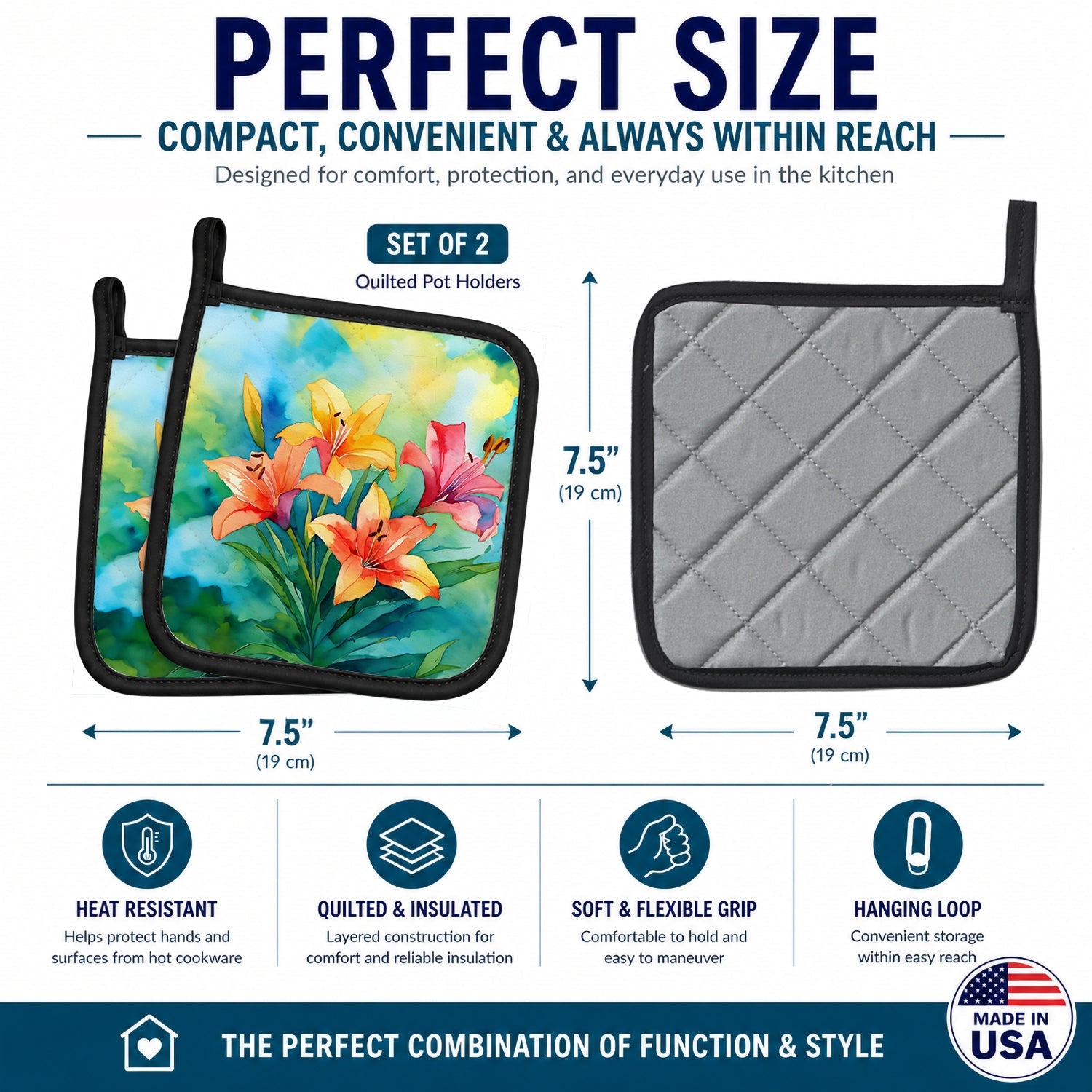 Lilies in Watercolor Pot Holder Set of 2 Heat Resistant Quilted Hot Pads 7.5 x 7.5 Inch, Insulated Kitchen Trivets for Cooking & Baking