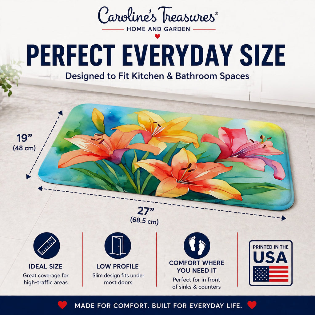 Lilies in Watercolor Memory Foam Kitchen Mat Machine Washable Anti-Fatigue Cushion Comfort Bath or Kitchen Rug