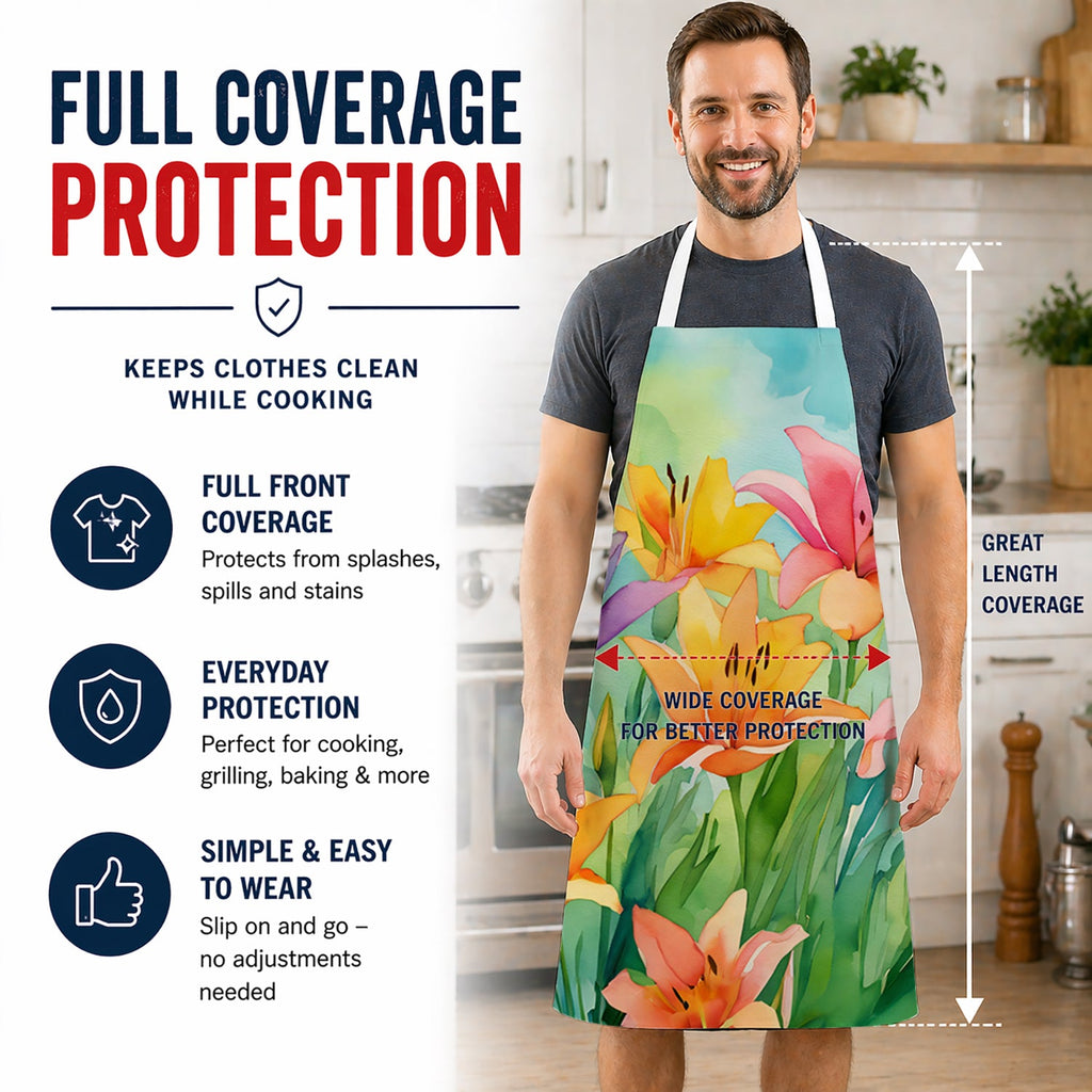 Lilies in Watercolor Apron Cooking Kitchen Server Baking Crafts Gardening for Adult Women Men, Unisex, Large, Multicolor