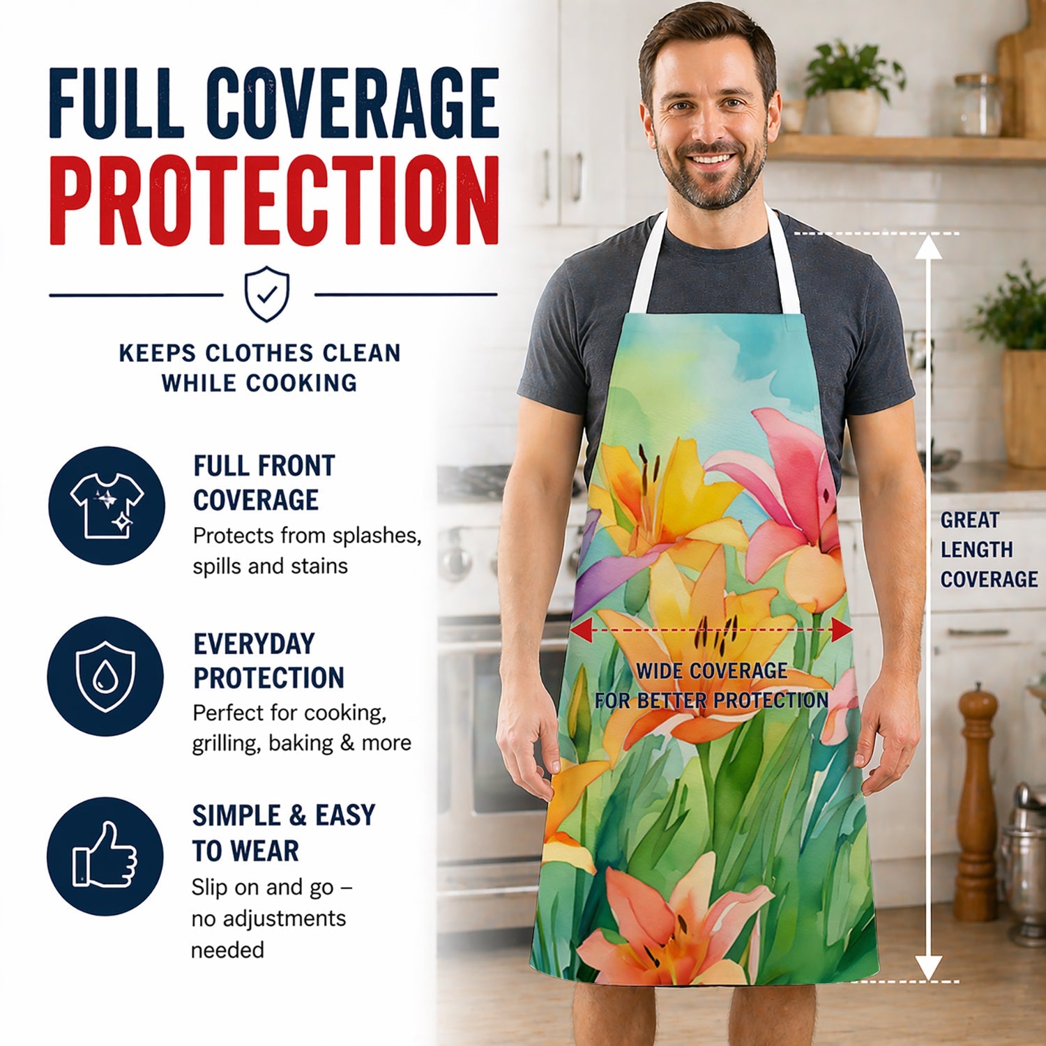 Lilies in Watercolor Apron Cooking Kitchen Server Baking Crafts Gardening for Adult Women Men, Unisex, Large, Multicolor