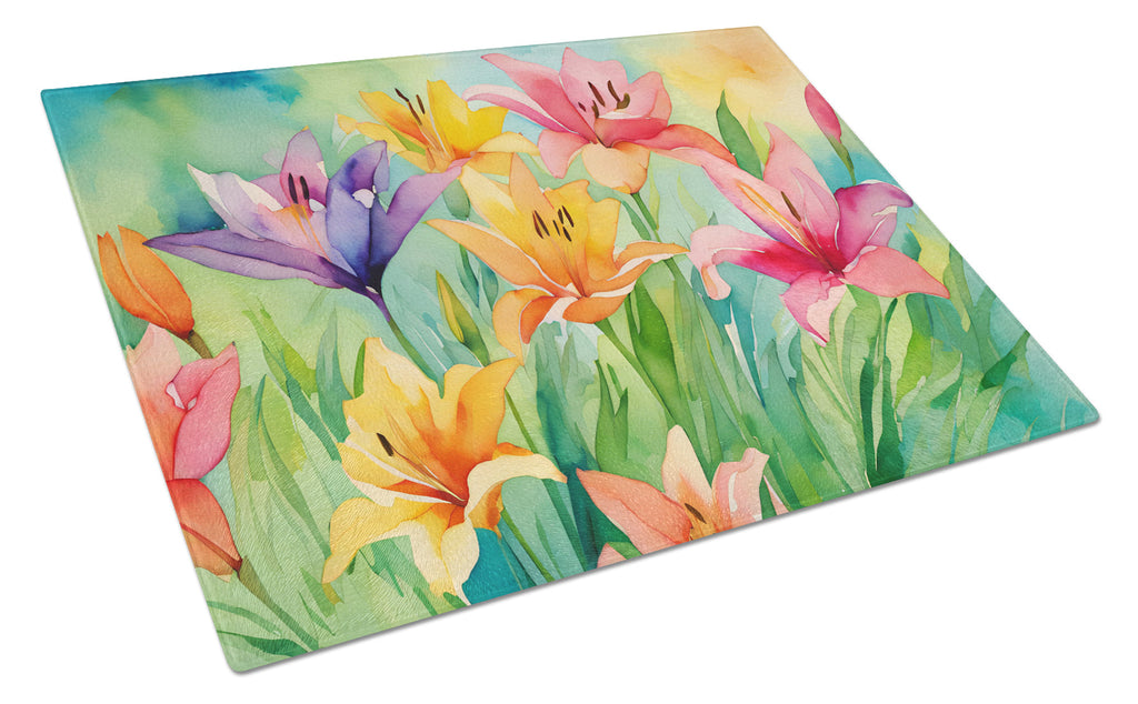 Lilies in Watercolor Cutting Board Tempered Glass Kitchen Cutting Surface, Heat Resistant Chopping, Non-Slip Feet, Food Prep & Serving