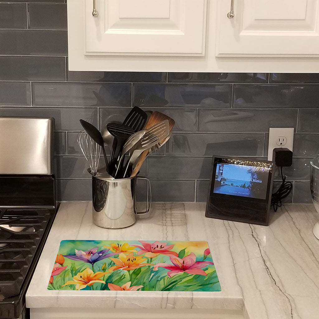 Lilies in Watercolor Cutting Board Tempered Glass Kitchen Cutting Surface, Heat Resistant Chopping, Non-Slip Feet, Food Prep & Serving