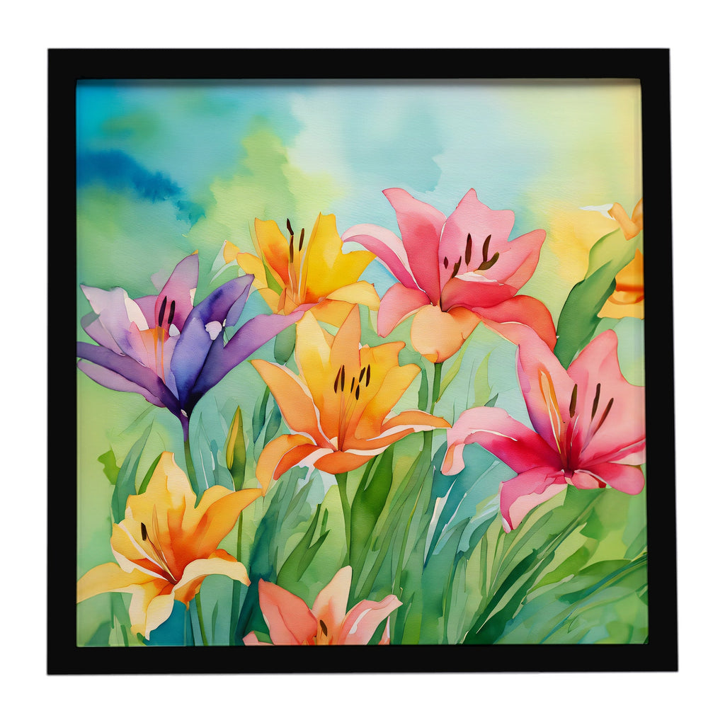 Lilies in Watercolor Framed Metal Print Bathroom, Kitchen, Office, Home Decor Wall Art Ready to Hang, Square, 8X8