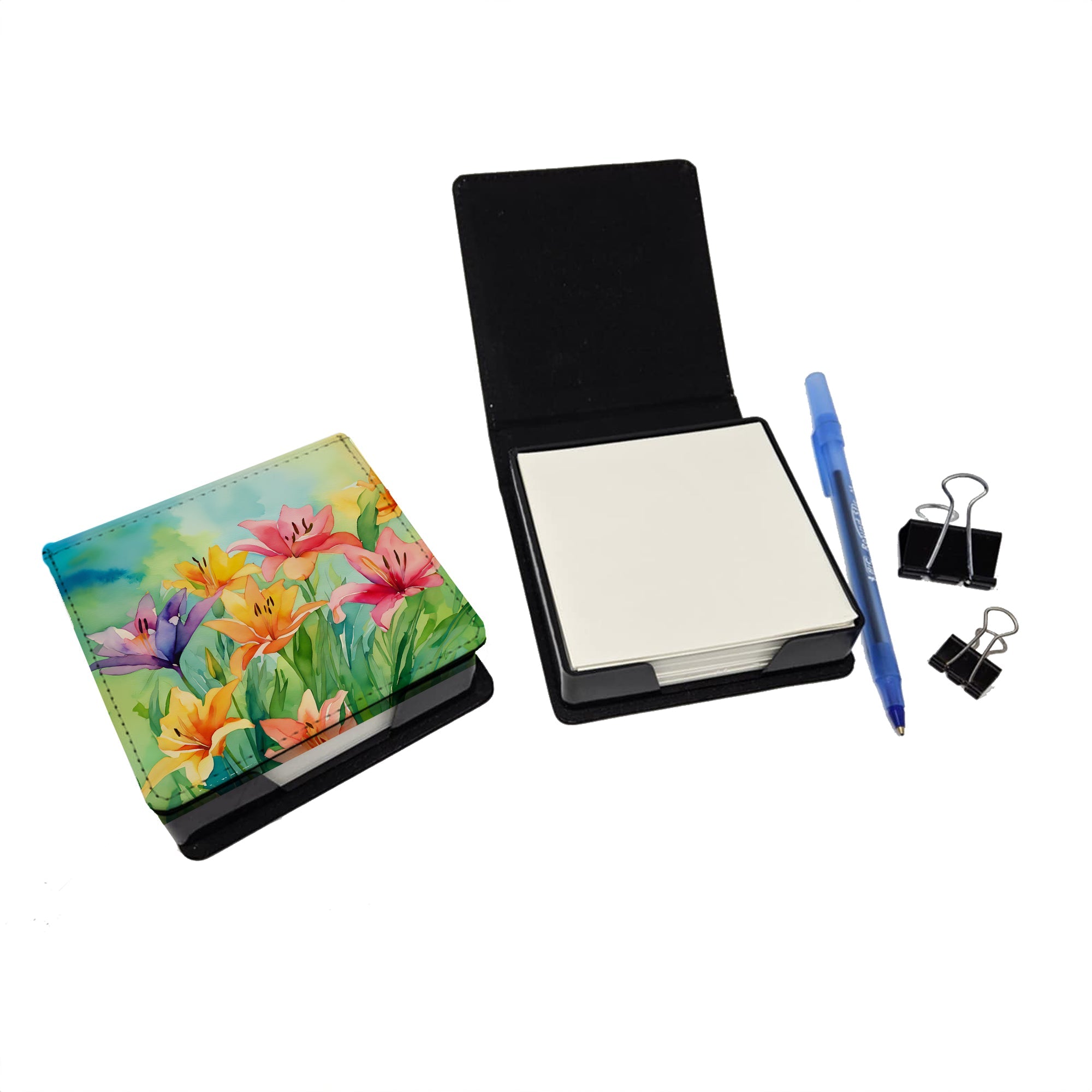 Lilies in Watercolor PU Leather Note Paper Holder with Artist-Designed Cover, Desk Accessory, Office Gift