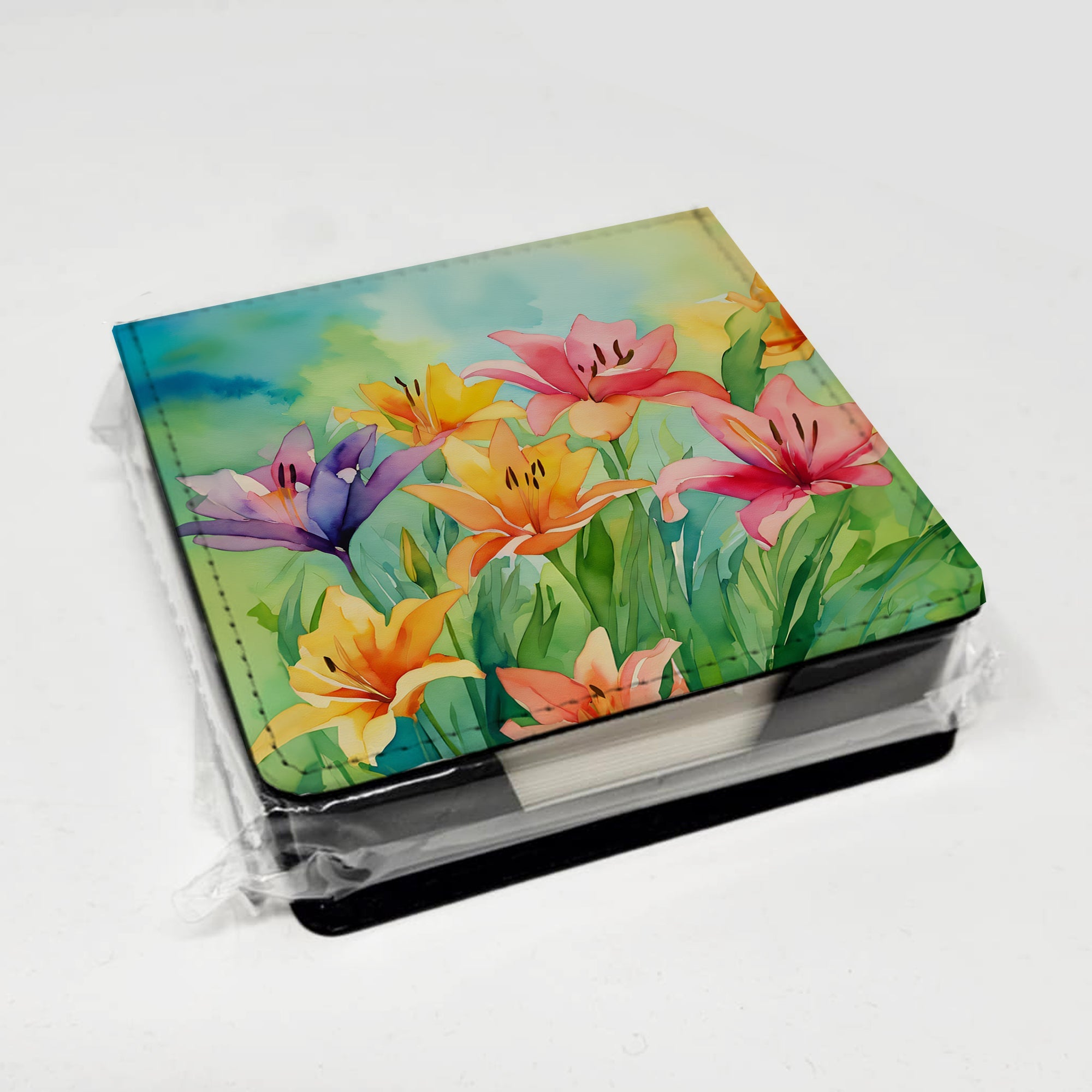 Lilies in Watercolor PU Leather Note Paper Holder with Artist-Designed Cover, Desk Accessory, Office Gift