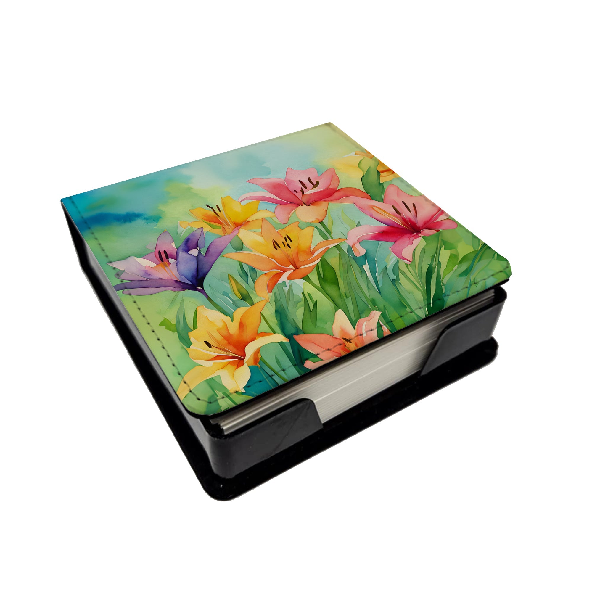 Lilies in Watercolor PU Leather Note Paper Holder with Artist-Designed Cover, Desk Accessory, Office Gift