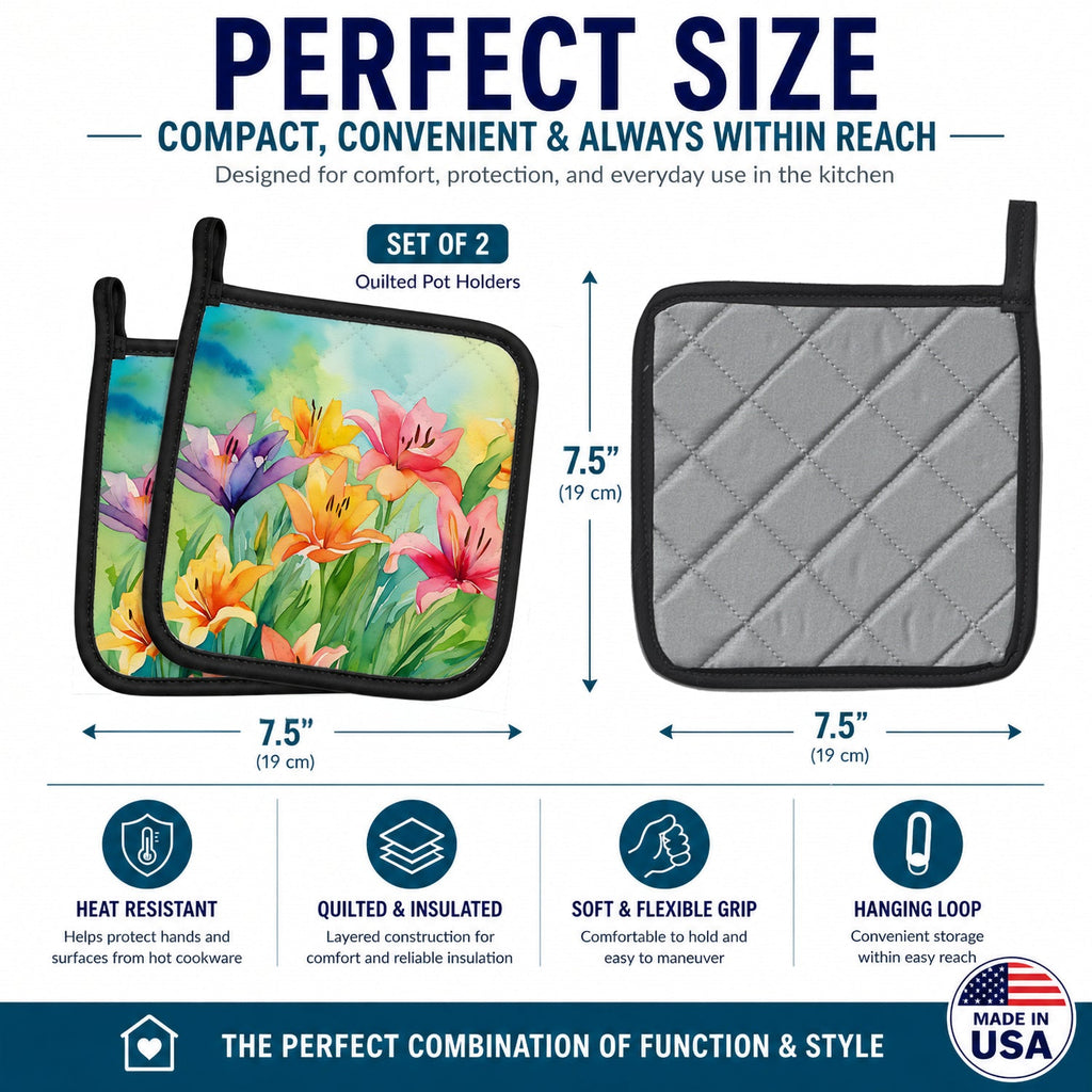 Lilies in Watercolor Pot Holder Set of 2 Heat Resistant Quilted Hot Pads 7.5 x 7.5 Inch, Insulated Kitchen Trivets for Cooking & Baking