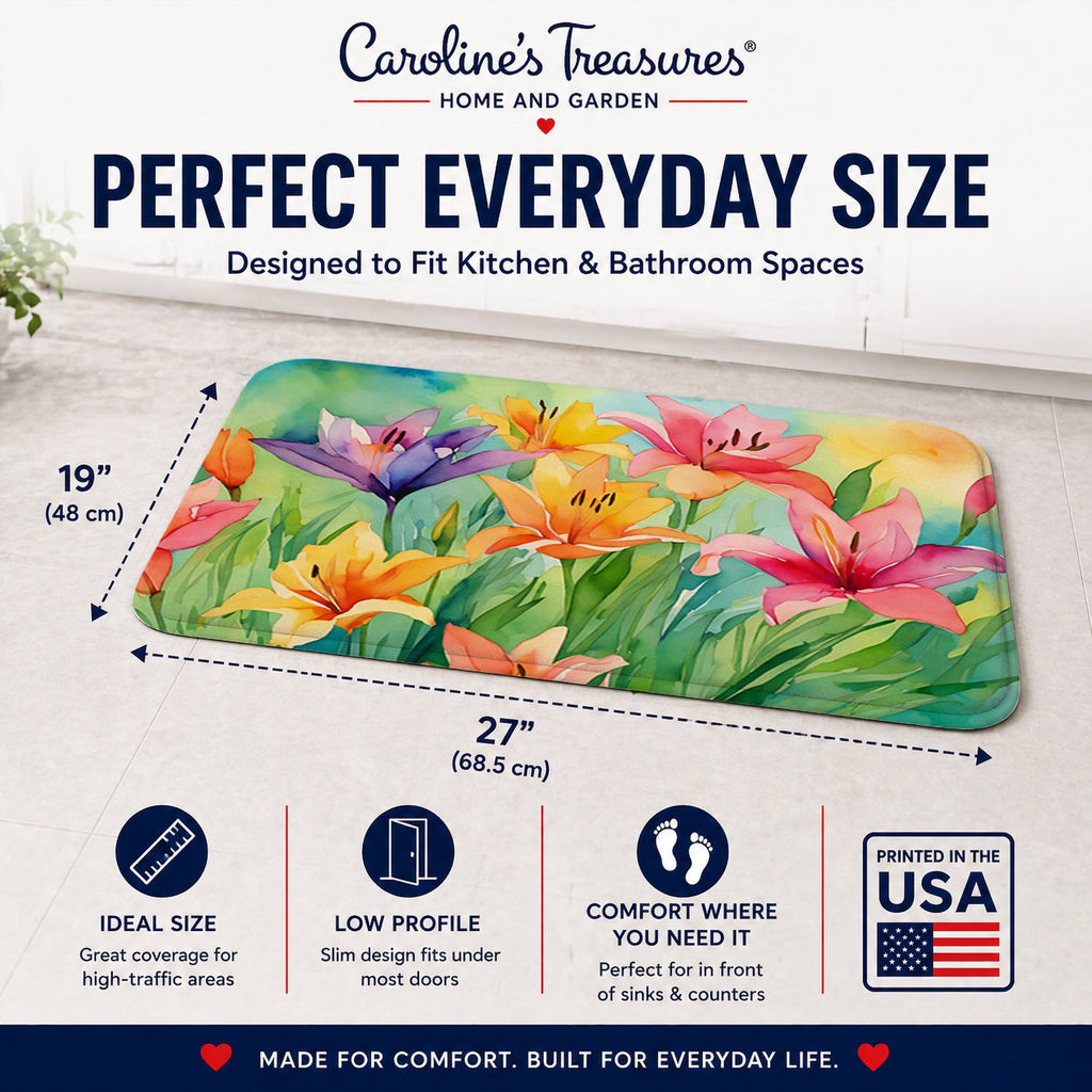 Lilies in Watercolor Memory Foam Kitchen Mat Machine Washable Anti-Fatigue Cushion Comfort Bath or Kitchen Rug