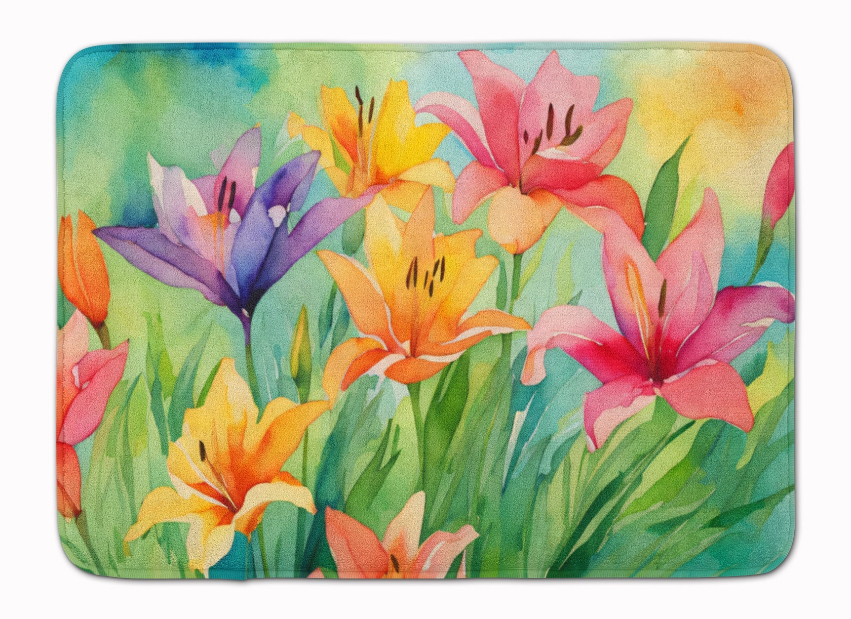 Lilies in Watercolor Memory Foam Kitchen Mat Machine Washable Anti-Fatigue Cushion Comfort Bath or Kitchen Rug