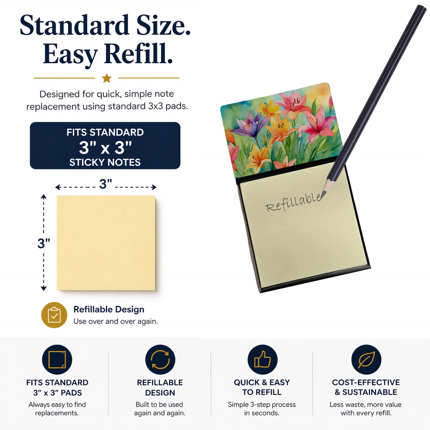 Lilies in Watercolor Watercolor Sticky Note Holder Refillable Dispenser Desk Accessory 3x3 Pad Gift