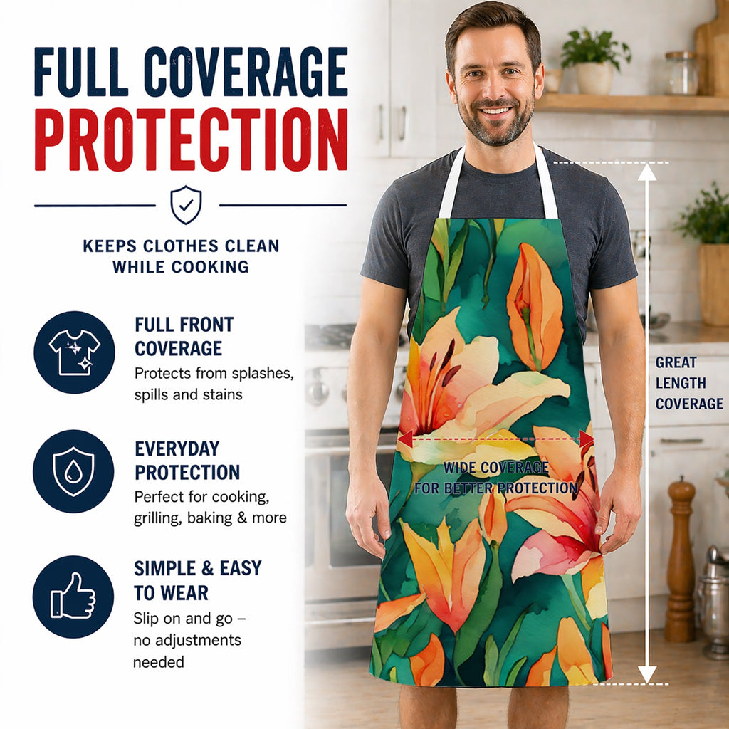 Lilies in Watercolor Apron Cooking Kitchen Server Baking Crafts Gardening for Adult Women Men, Unisex, Large, Multicolor