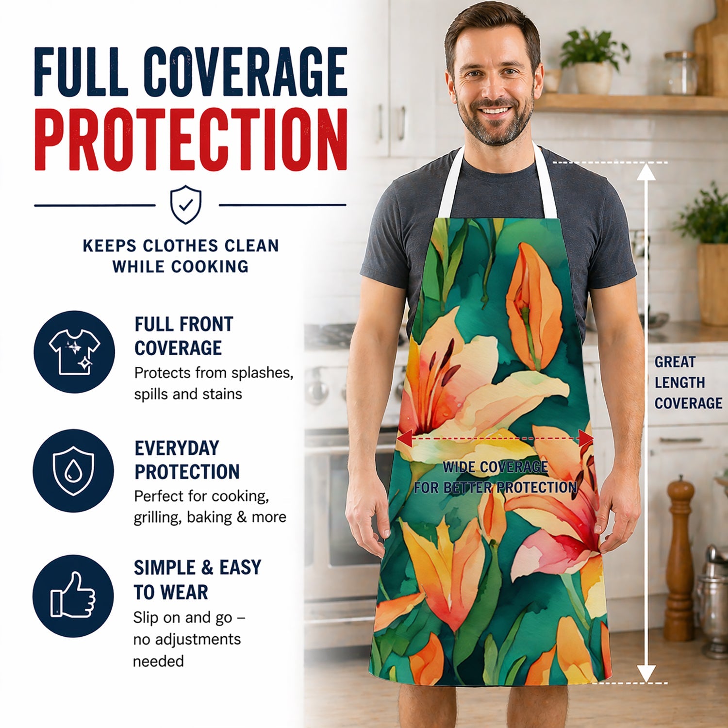 Lilies in Watercolor Apron Cooking Kitchen Server Baking Crafts Gardening for Adult Women Men, Unisex, Large, Multicolor