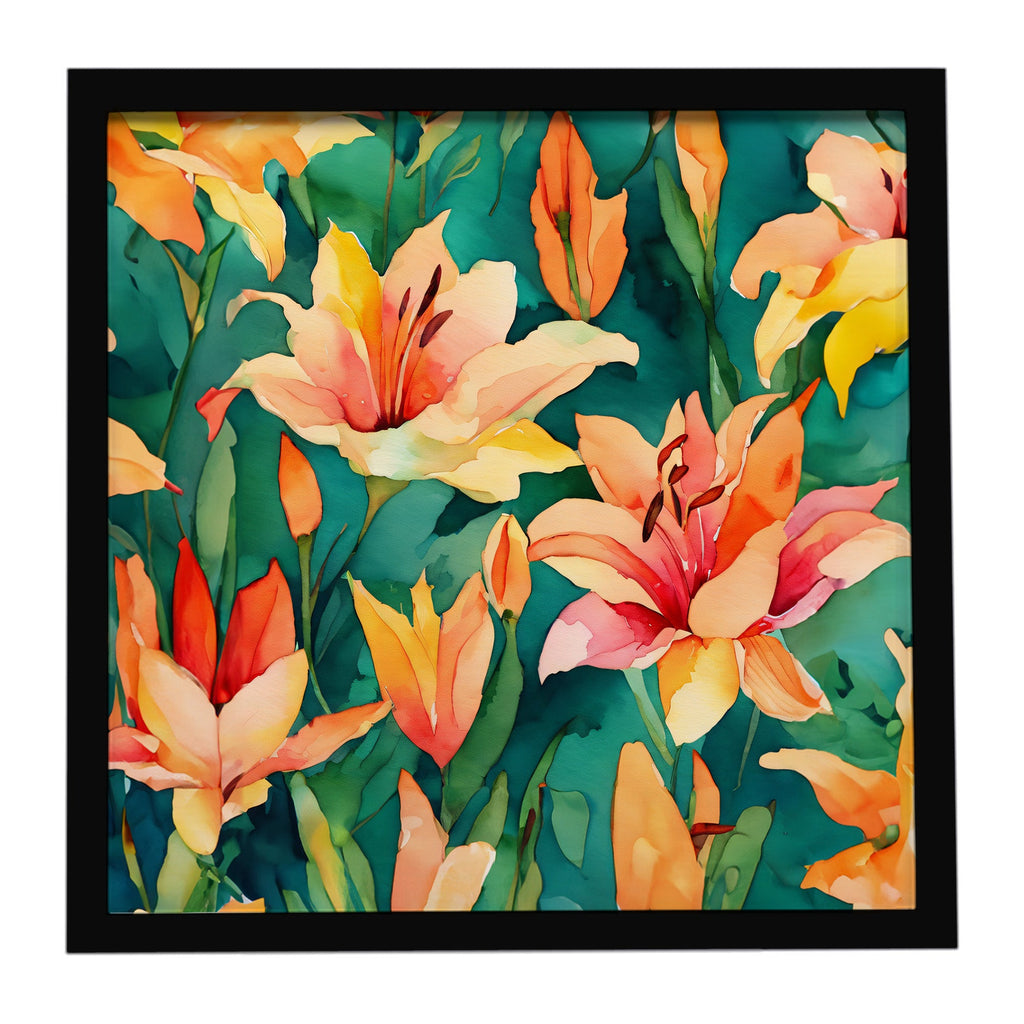 Lilies in Watercolor Framed Metal Print Bathroom, Kitchen, Office, Home Decor Wall Art Ready to Hang, Square, 8X8