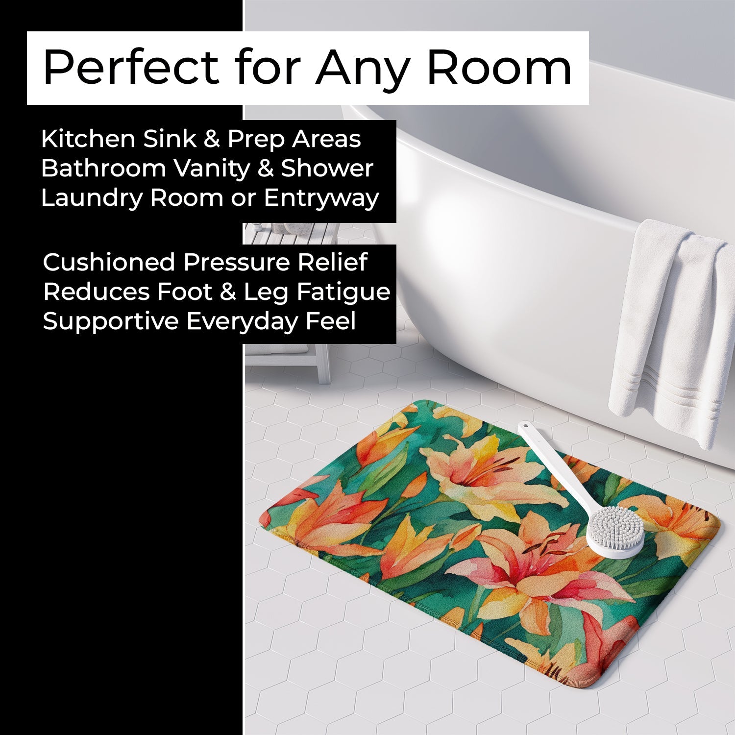 Lilies in Watercolor Memory Foam Kitchen Mat Machine Washable Anti-Fatigue Cushion Comfort Bath or Kitchen Rug