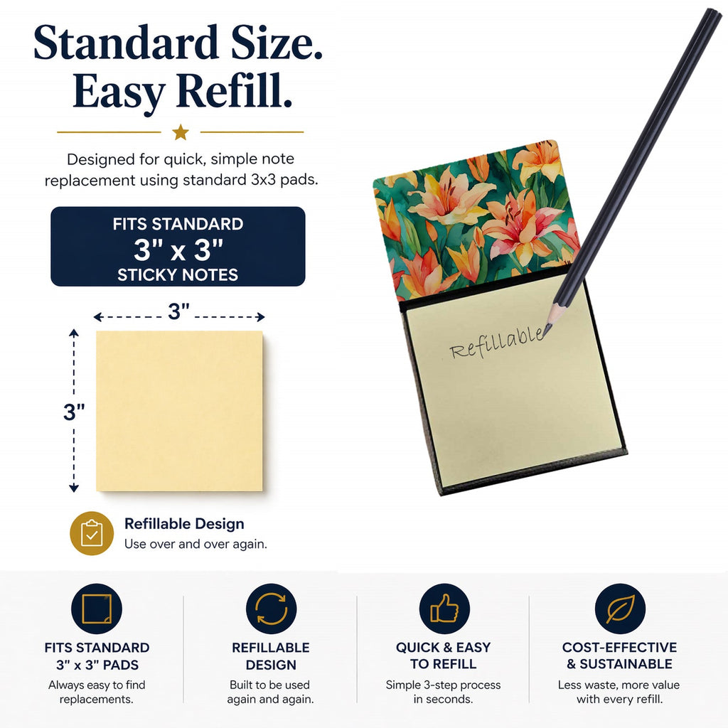Lilies in Watercolor Watercolor Sticky Note Holder Refillable Dispenser Desk Accessory 3x3 Pad Gift