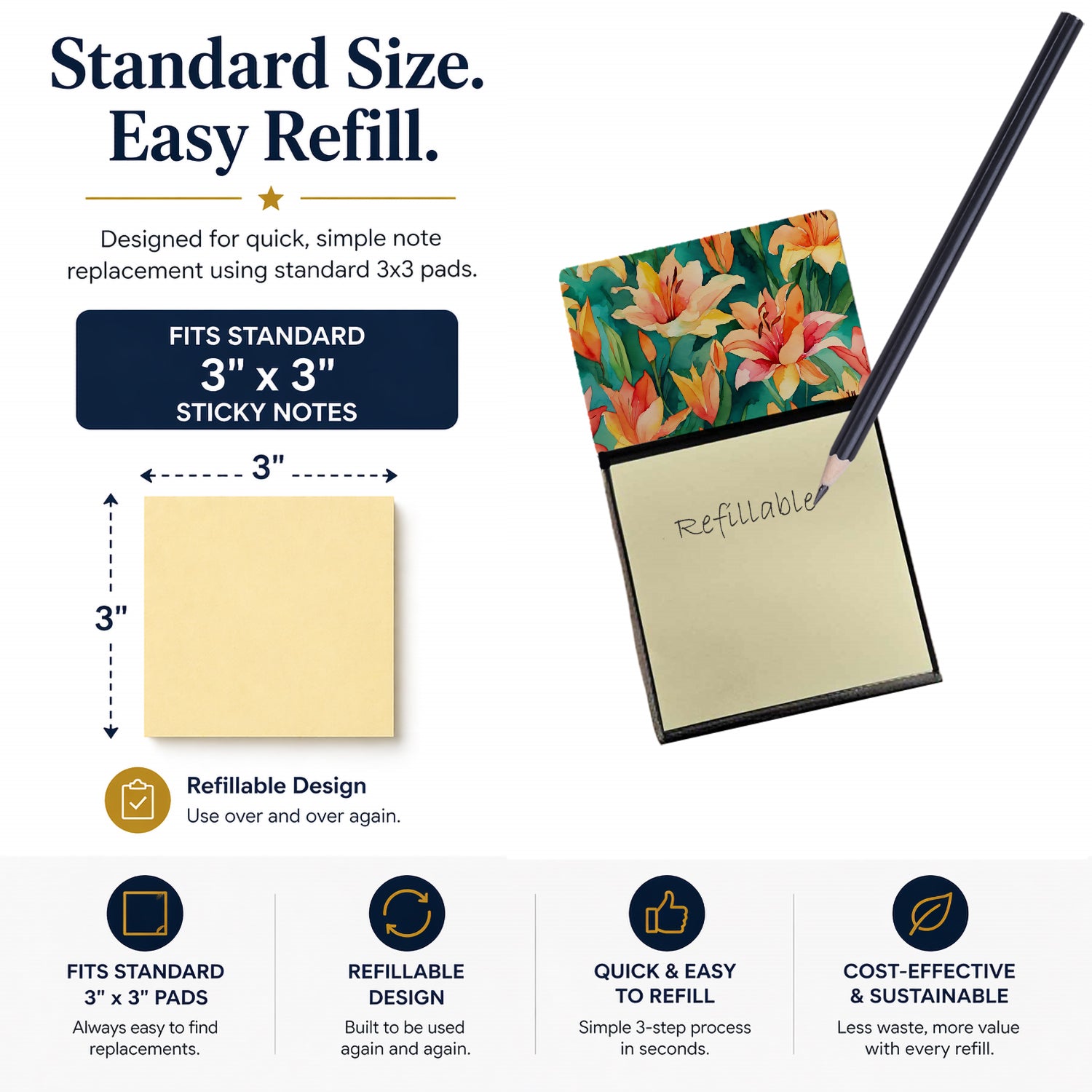 Lilies in Watercolor Watercolor Sticky Note Holder Refillable Dispenser Desk Accessory 3x3 Pad Gift