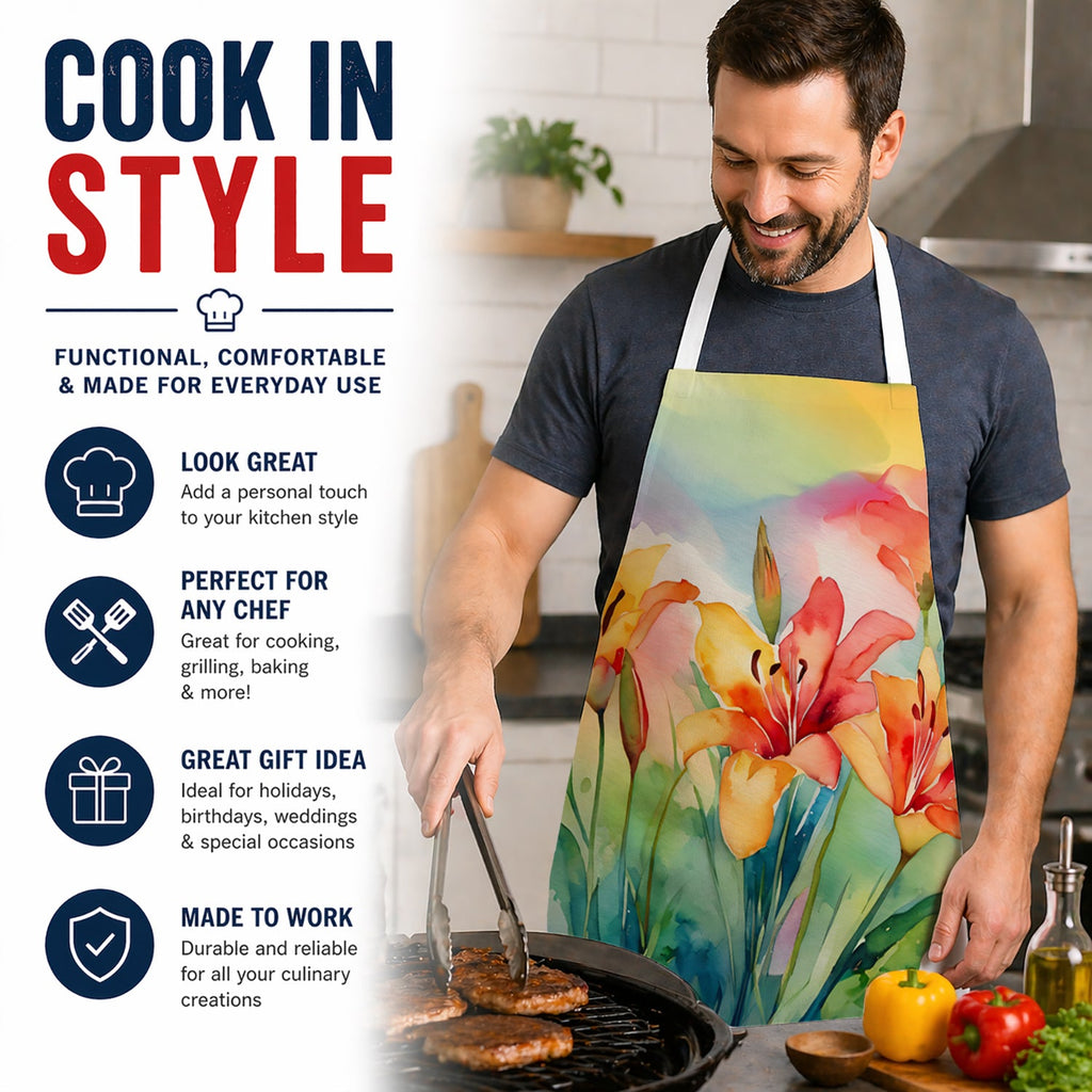 Lilies in Watercolor Apron Cooking Kitchen Server Baking Crafts Gardening for Adult Women Men, Unisex, Large, Multicolor