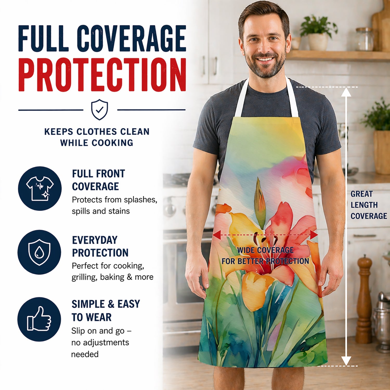 Lilies in Watercolor Apron Cooking Kitchen Server Baking Crafts Gardening for Adult Women Men, Unisex, Large, Multicolor