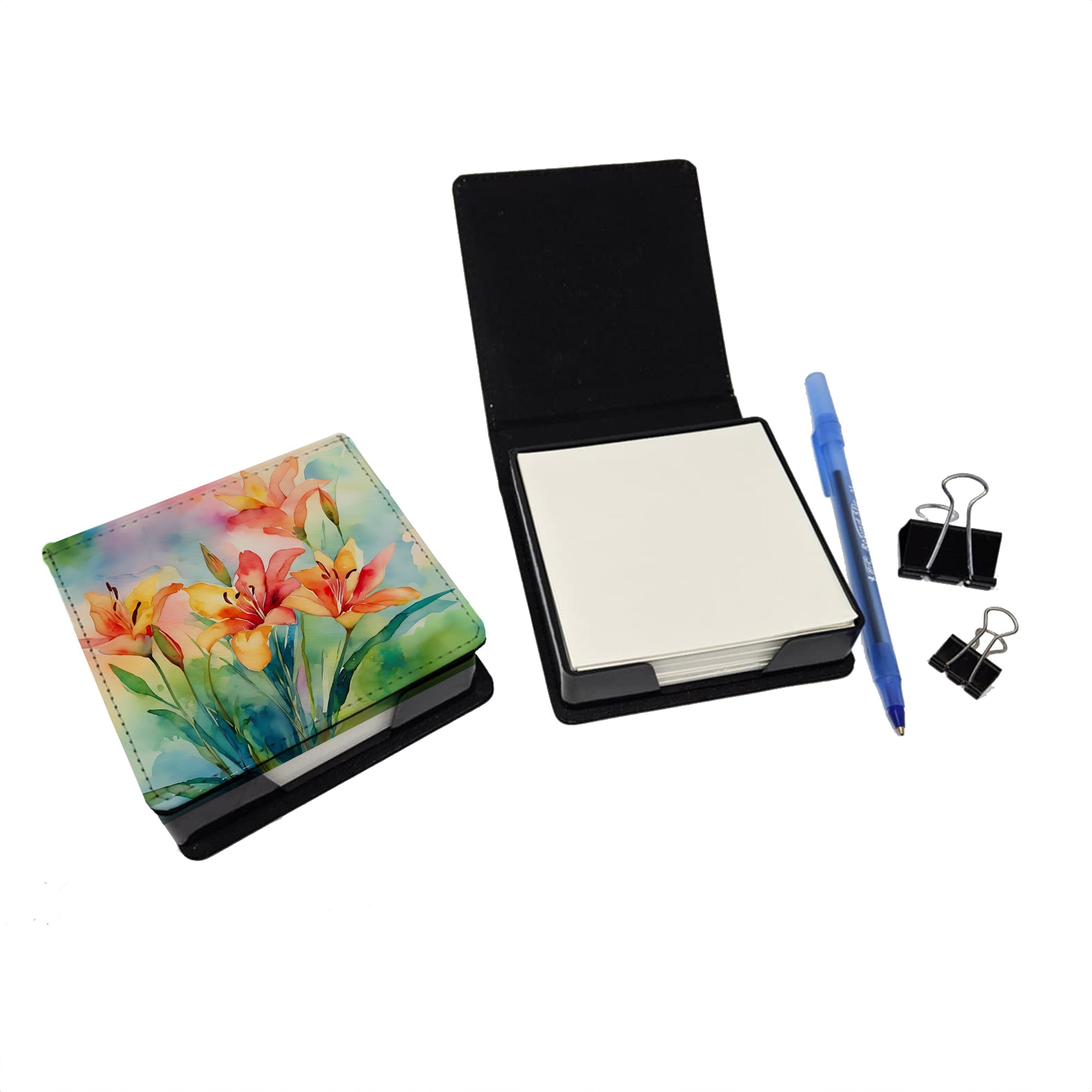 Lilies in Watercolor PU Leather Note Paper Holder with Artist-Designed Cover, Desk Accessory, Office Gift
