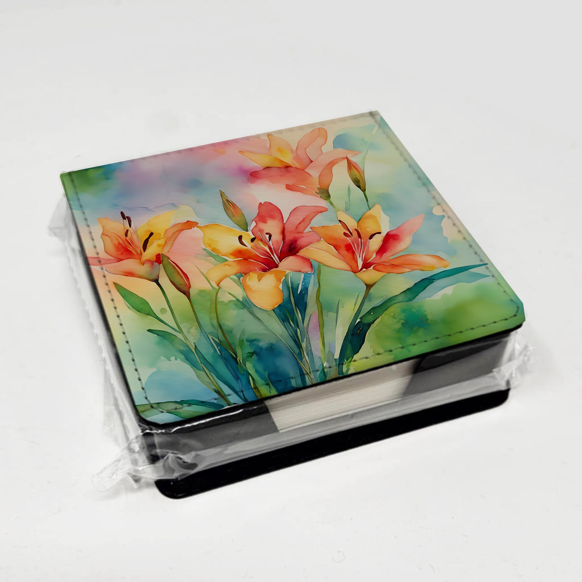 Lilies in Watercolor PU Leather Note Paper Holder with Artist-Designed Cover, Desk Accessory, Office Gift